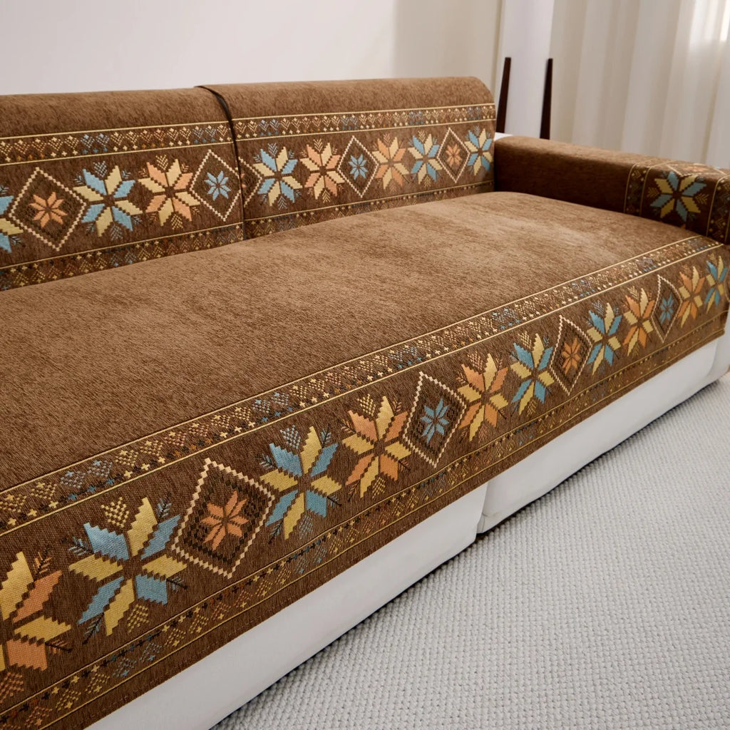 Angled view of Brown Sorrento cover pieces with star and diamond borders