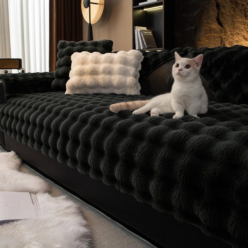 Imitation Rabbit Fur Sofa Cushion Cover - Plush Non-Slip Seat Pad - Cream / 70x70cm for Australian sofa styling