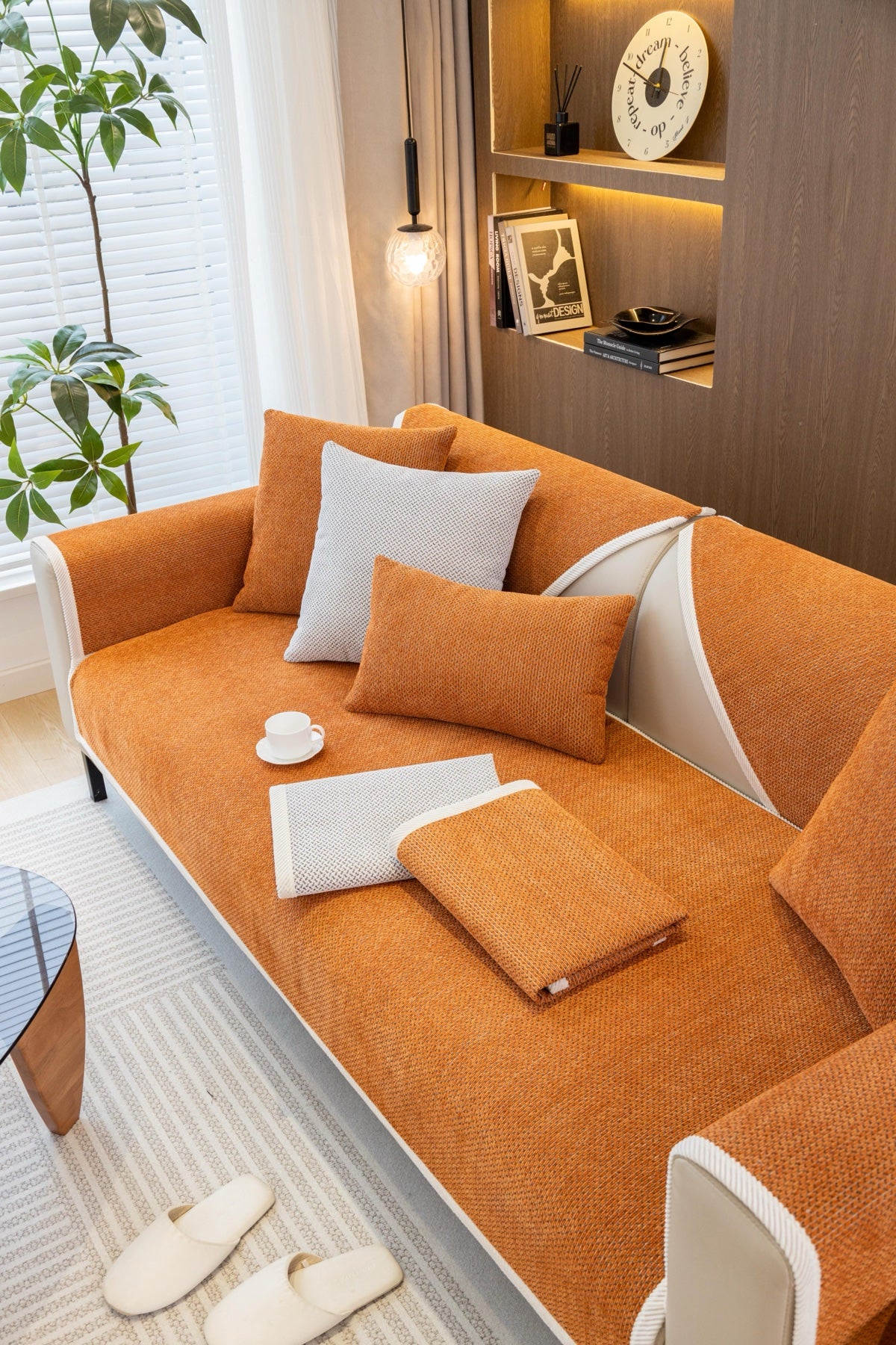 Sofa Decor Alessia Woven Chenille Sofa Seat Cover in Burnt Orange - lifestyle image for chenille sofa cover pieces in Australia