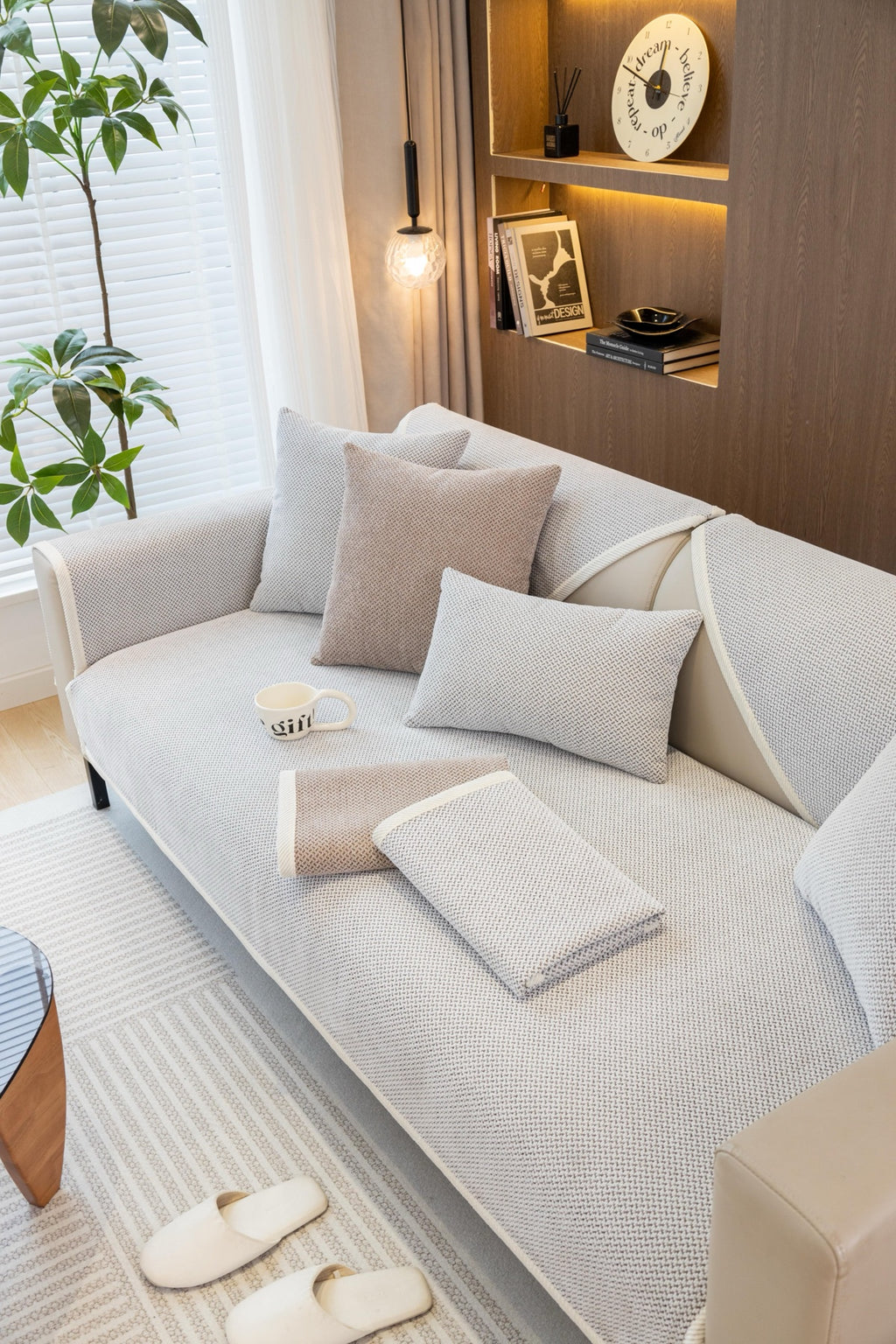 Sofa Decor Alessia Woven Chenille Sofa Seat Cover in Ivory Grey - lifestyle image for chenille sofa cover pieces in Australia