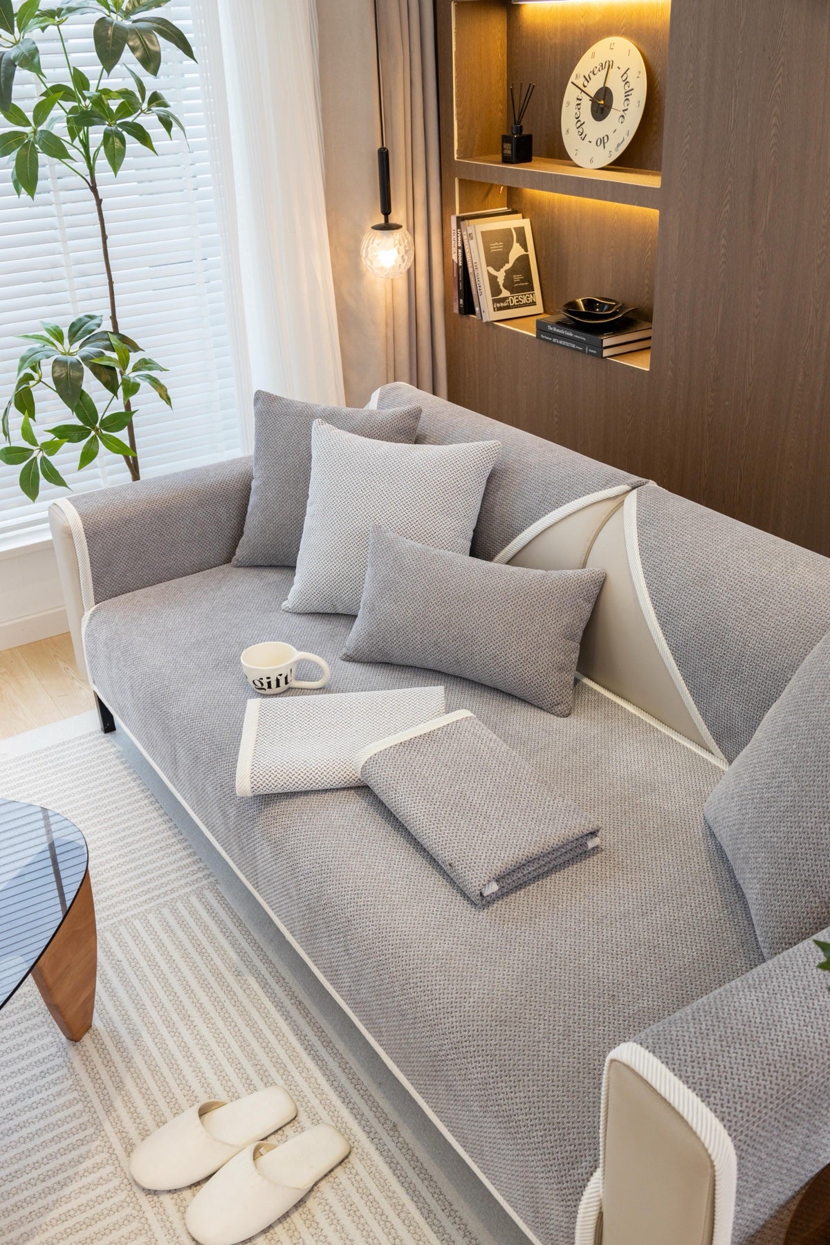 Sofa Decor Alessia Woven Chenille Sofa Seat Cover in Silver Grey - lifestyle image for chenille sofa cover pieces in Australia