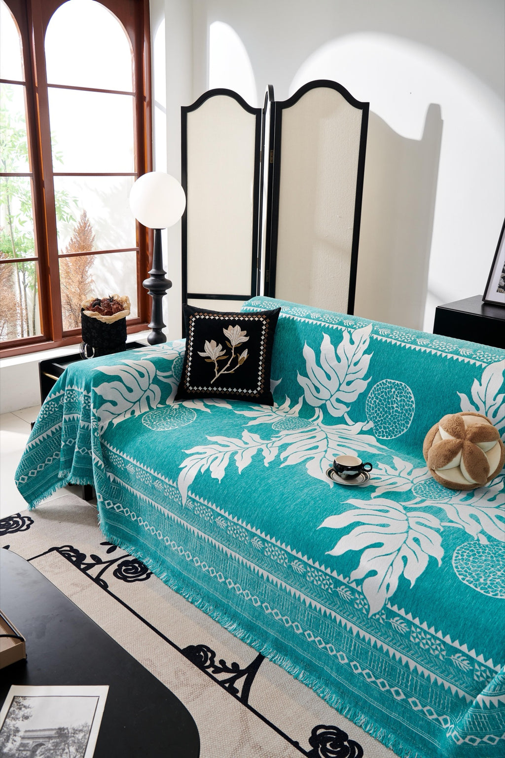 Sofa Decor Amalfi Palm Jacquard Sofa Throw Cover in Aqua Palm - palm jacquard sofa throw cover styled couch cover in Australia, image 32