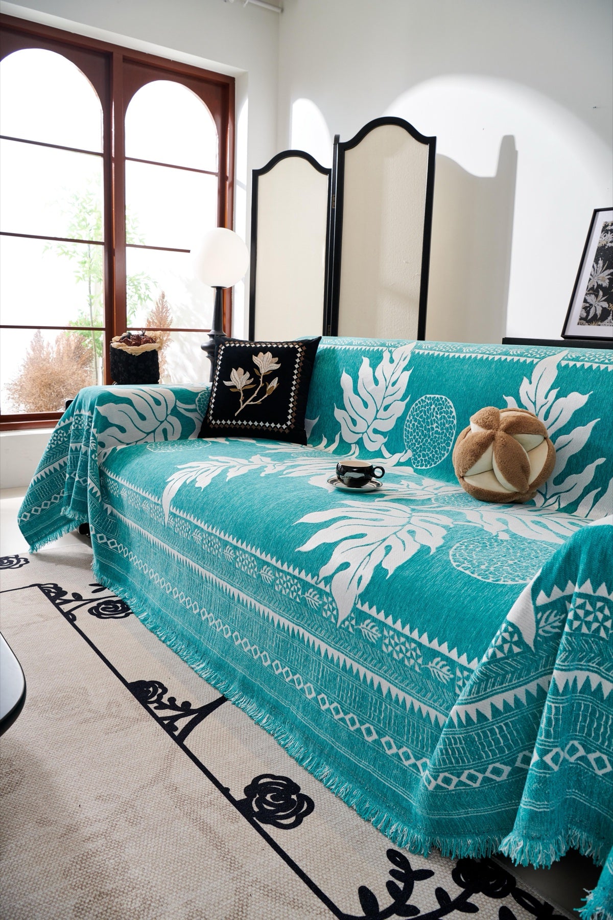 Sofa Decor Amalfi Palm Jacquard Sofa Throw Cover in Aqua Palm - palm jacquard sofa throw cover styled couch cover in Australia, image 33