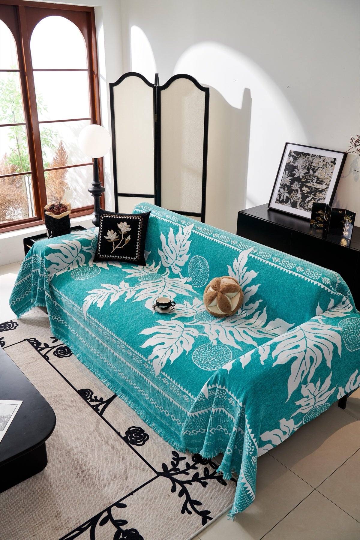 Sofa Decor Amalfi Palm Jacquard Sofa Throw Cover in Aqua Palm - palm jacquard sofa throw cover styled couch cover in Australia, image 34