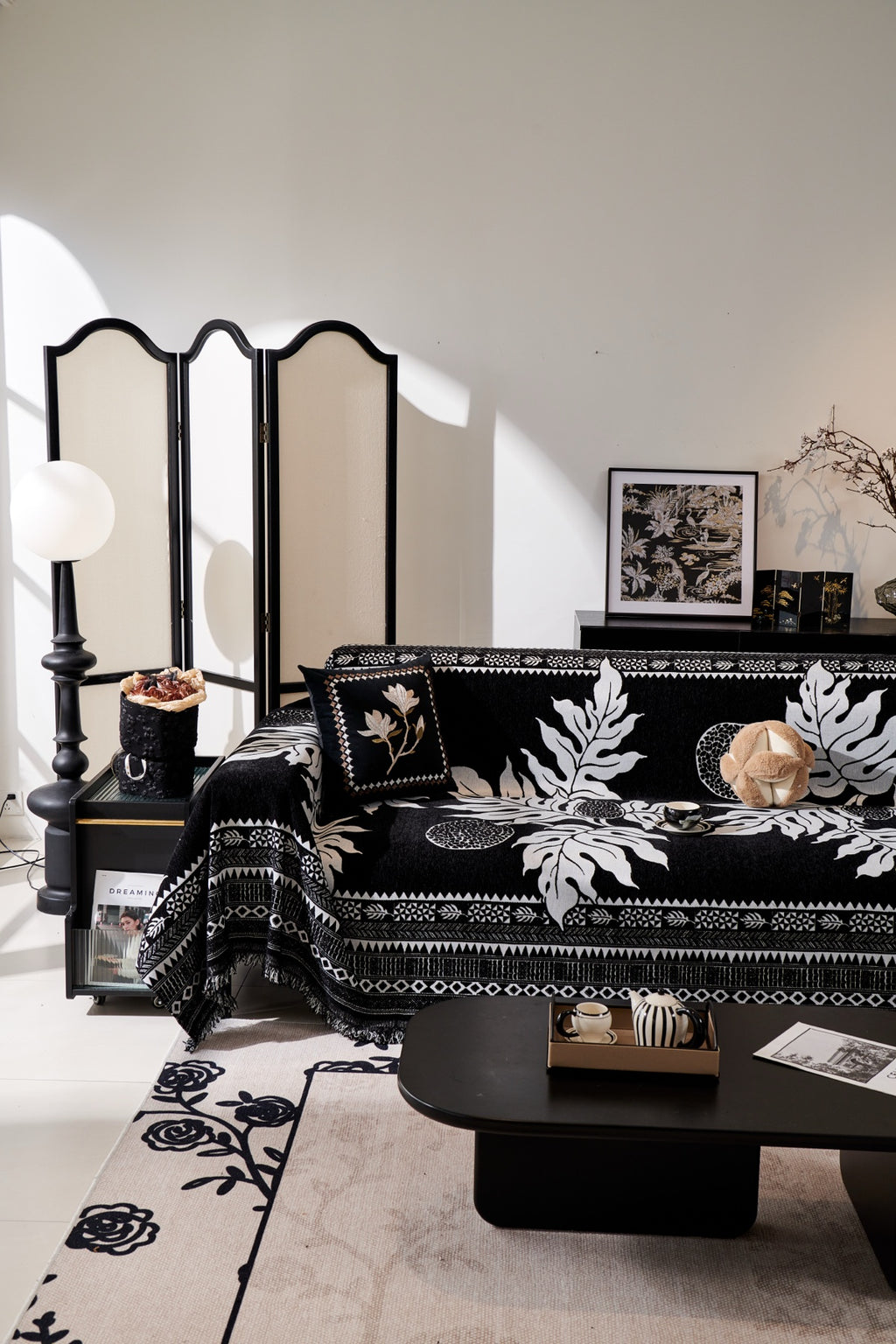 Sofa Decor Amalfi Palm Jacquard Sofa Throw Cover in Noir Palm - palm jacquard sofa throw cover styled couch cover in Australia, image 39