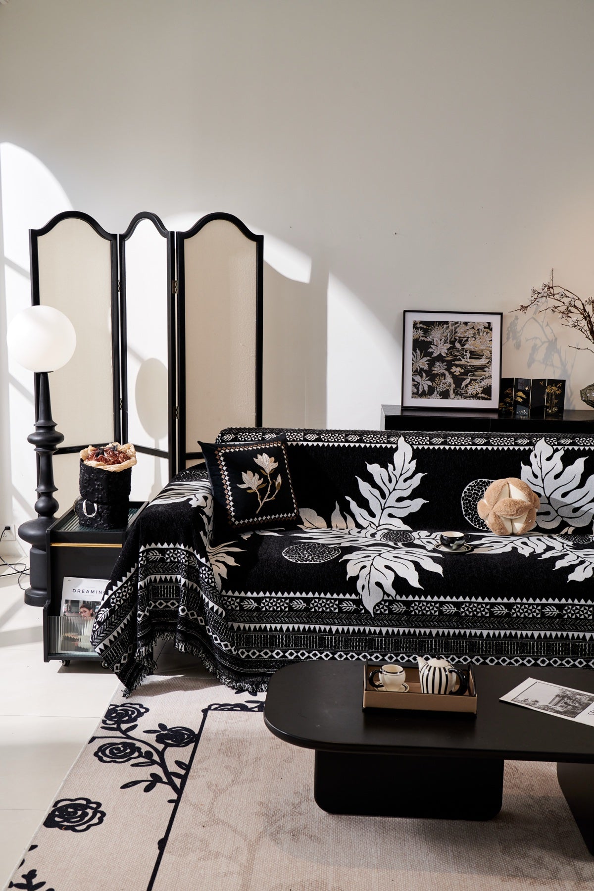 Sofa Decor Amalfi Palm Jacquard Sofa Throw Cover in Noir Palm - palm jacquard sofa throw cover styled couch cover in Australia, image 39