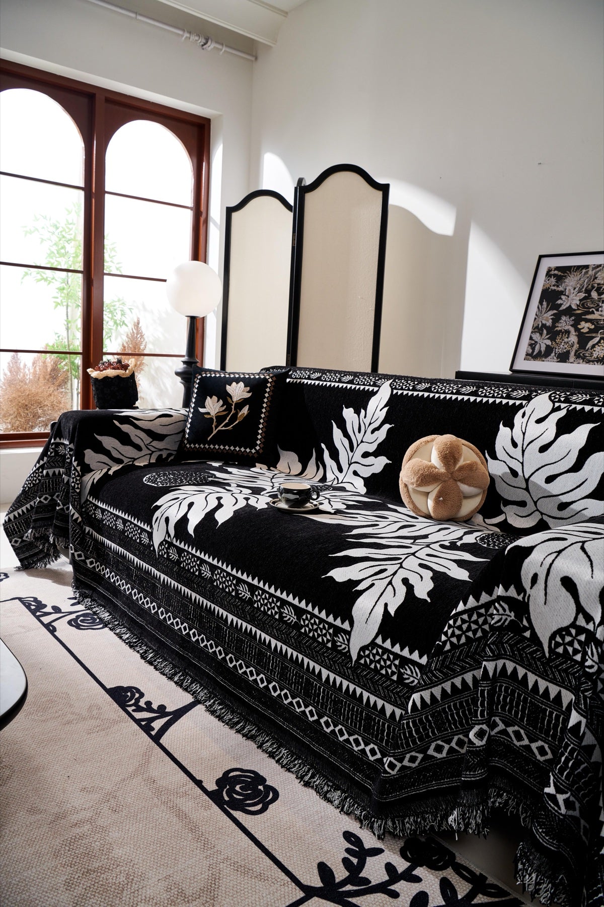 Sofa Decor Amalfi Palm Jacquard Sofa Throw Cover in Noir Palm - palm jacquard sofa throw cover styled couch cover in Australia, image 43
