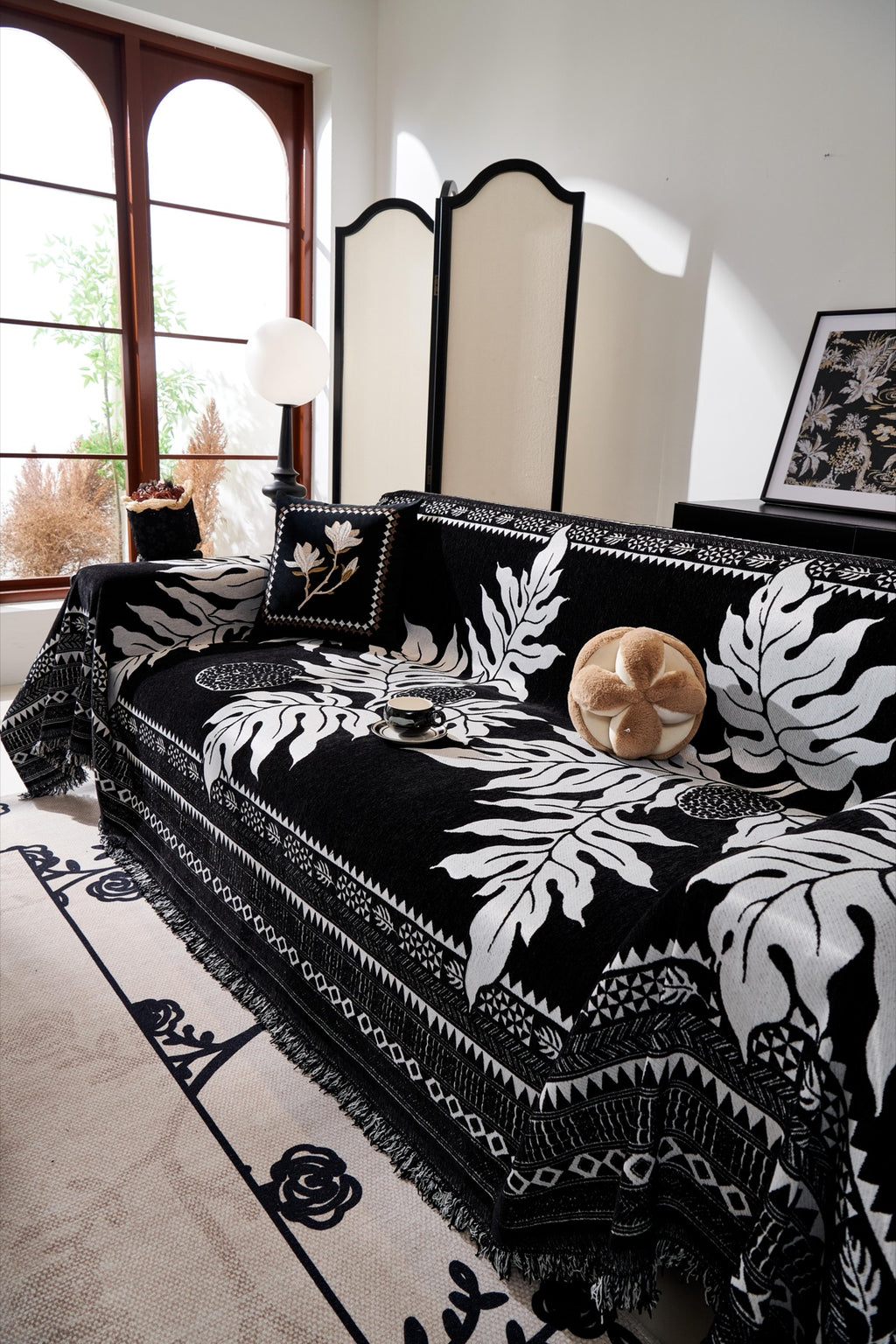 Sofa Decor Amalfi Palm Jacquard Sofa Throw Cover in Noir Palm - palm jacquard sofa throw cover styled couch cover in Australia, image 44
