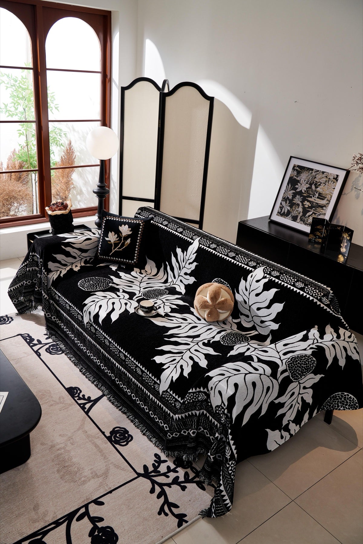 Sofa Decor Amalfi Palm Jacquard Sofa Throw Cover in Noir Palm - palm jacquard sofa throw cover styled couch cover in Australia, image 45