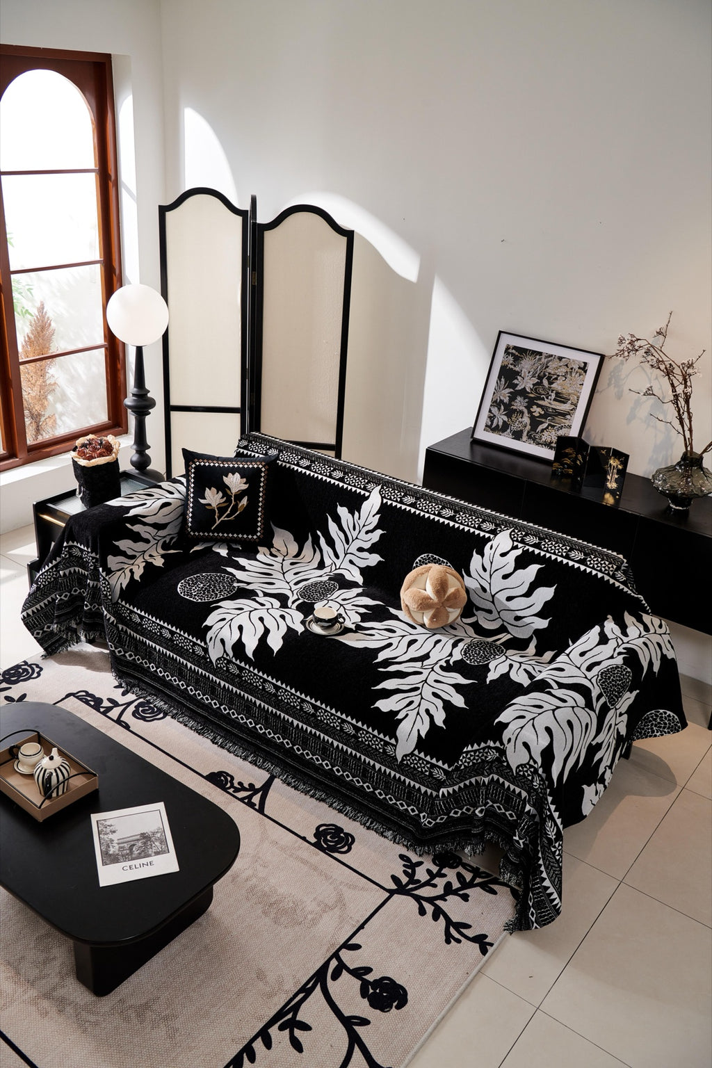 Sofa Decor Amalfi Palm Jacquard Sofa Throw Cover in Noir Palm - palm jacquard sofa throw cover styled couch cover in Australia, image 46