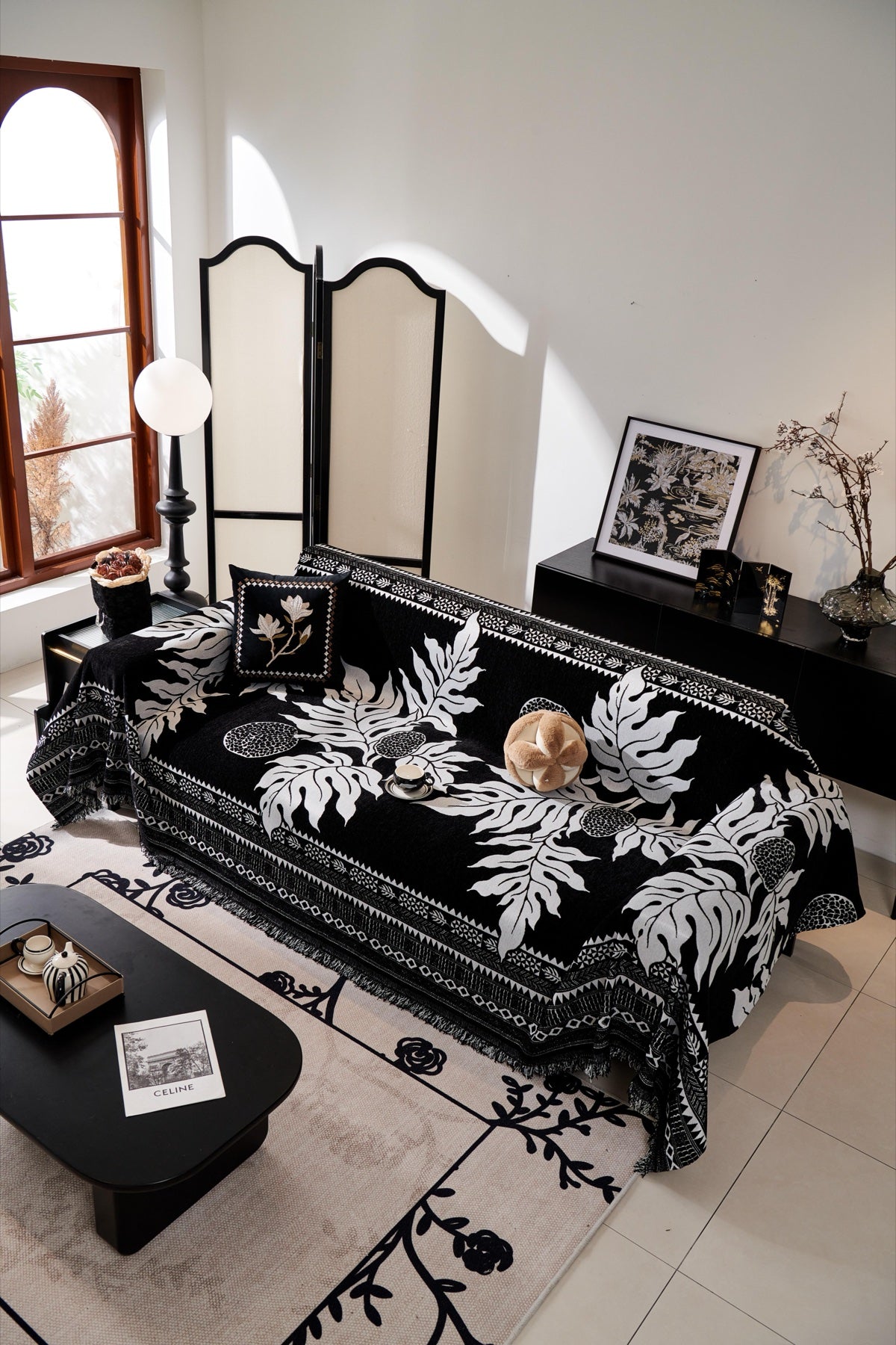 Sofa Decor Amalfi Palm Jacquard Sofa Throw Cover in Noir Palm - palm jacquard sofa throw cover styled couch cover in Australia, image 46