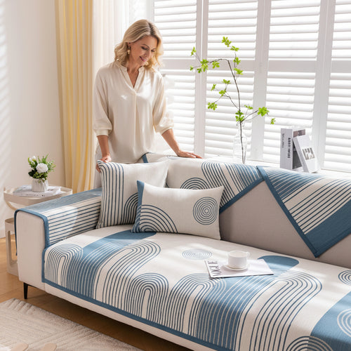 Sofa Decor Arcadia Arch Line Sofa Cover in Blue Cream - styled sofa image for water resistant patterned couch covers in Australia