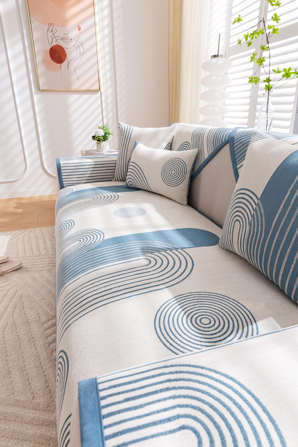 Sofa Decor Arcadia Arch Line Sofa Cover in Blue Cream - styled sofa image for water resistant patterned couch covers in Australia