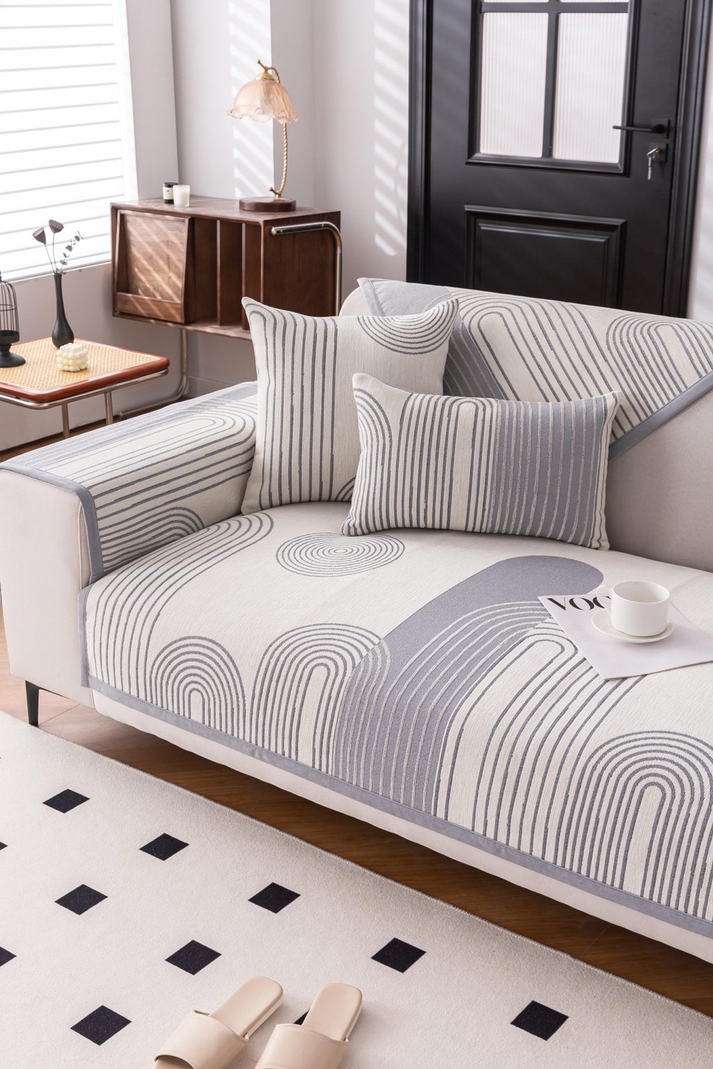 Sofa Decor Arcadia Arch Line Sofa Cover in Silver Grey - styled sofa image for water resistant patterned couch covers in Australia