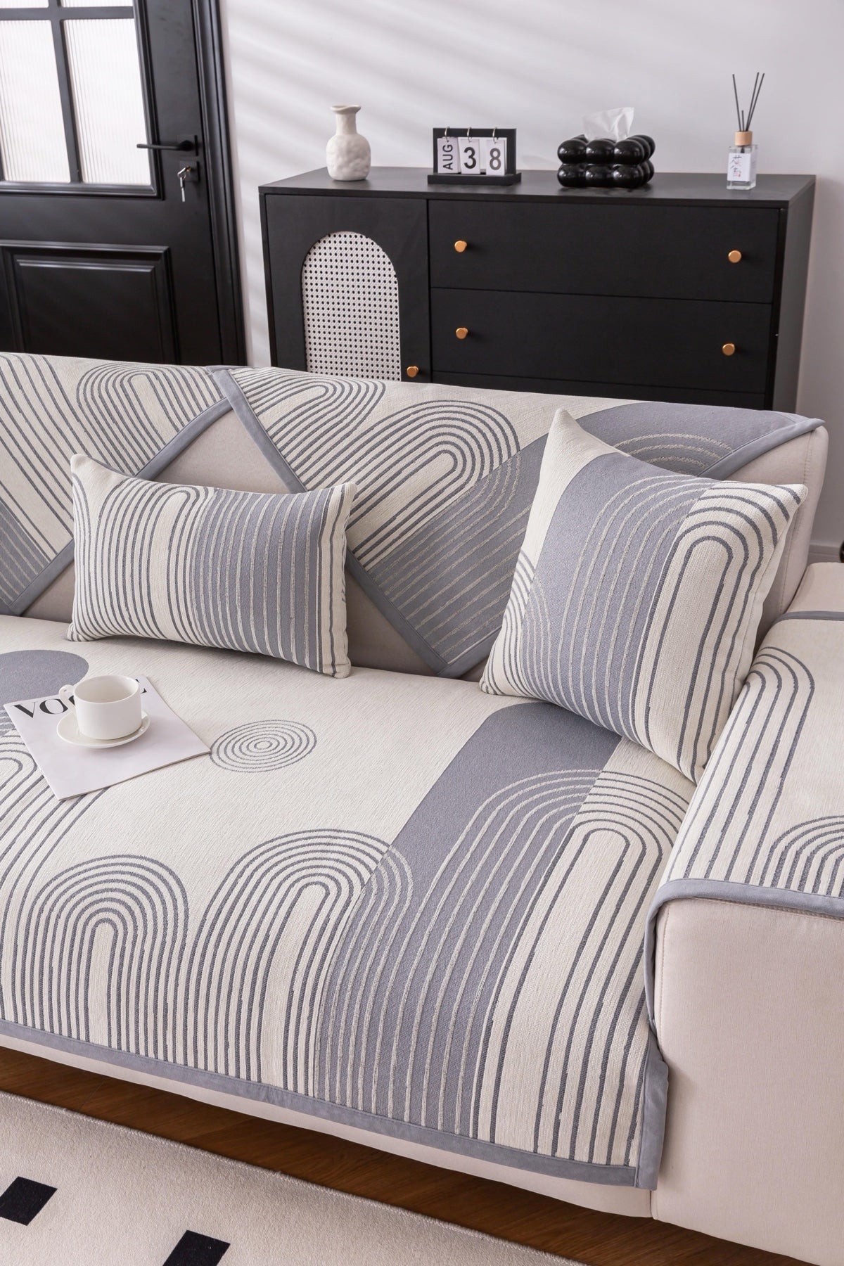 Sofa Decor Arcadia Arch Line Sofa Cover in Silver Grey - styled sofa image for water resistant patterned couch covers in Australia