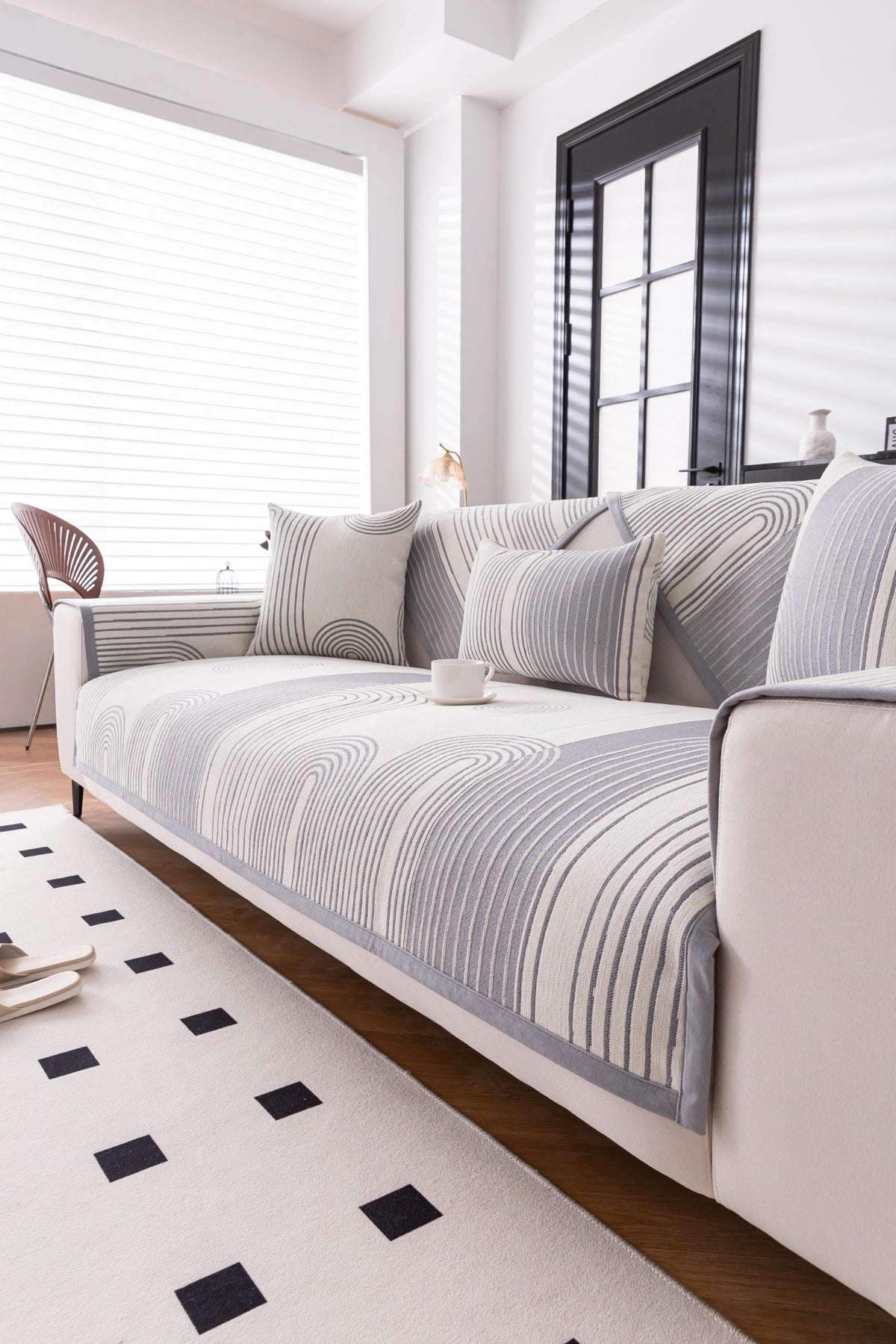 Sofa Decor Arcadia Arch Line Sofa Cover in Silver Grey - styled sofa image for water resistant patterned couch covers in Australia