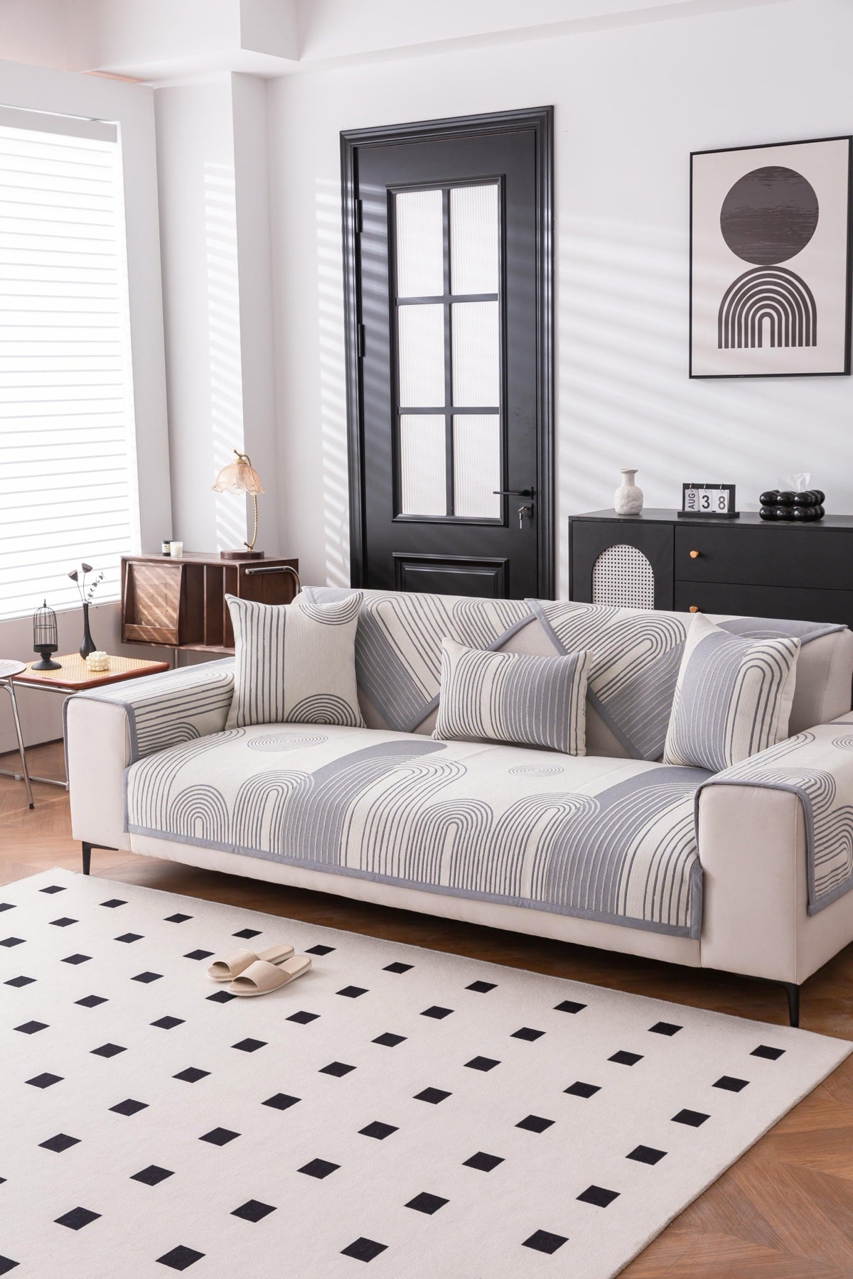 Sofa Decor Arcadia Arch Line Sofa Cover in Silver Grey - styled sofa image for water resistant patterned couch covers in Australia