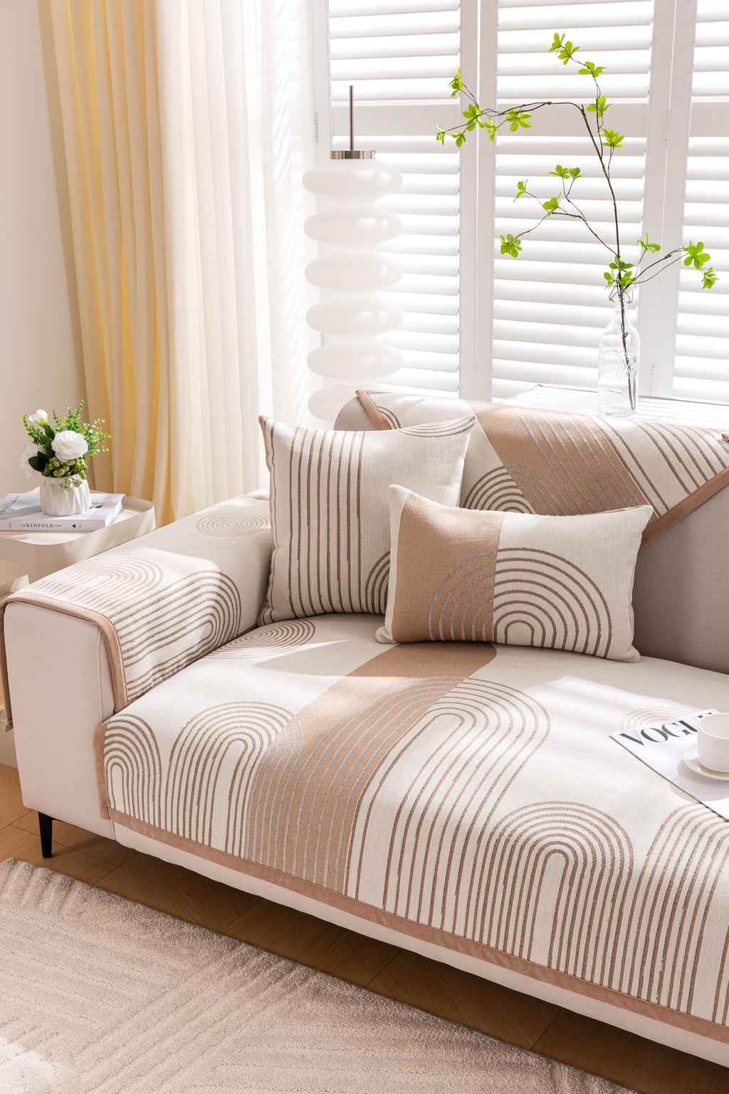 Sofa Decor Arcadia Arch Line Sofa Cover in Taupe Cream - styled sofa image for water resistant patterned couch covers in Australia