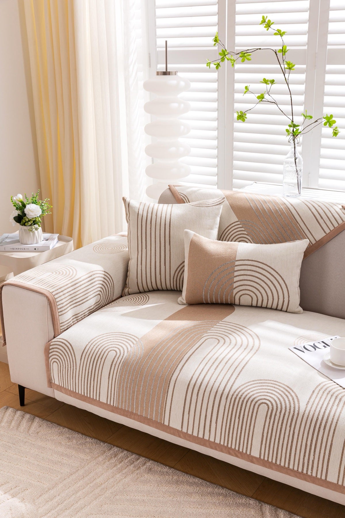 Sofa Decor Arcadia Arch Line Sofa Cover in Taupe Cream - styled sofa image for water resistant patterned couch covers in Australia