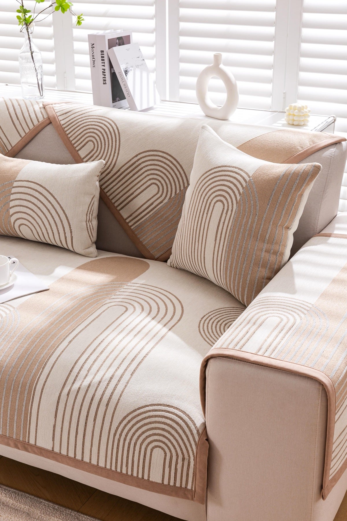 Sofa Decor Arcadia Arch Line Sofa Cover in Taupe Cream - styled sofa image for water resistant patterned couch covers in Australia