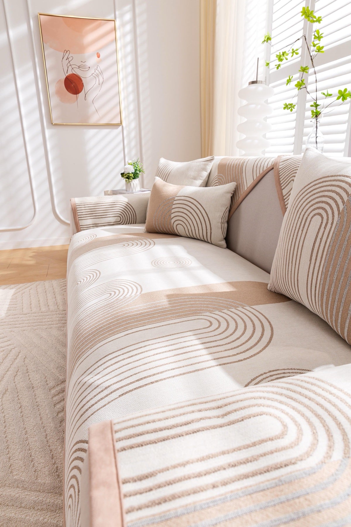 Sofa Decor Arcadia Arch Line Sofa Cover in Taupe Cream - styled sofa image for water resistant patterned couch covers in Australia