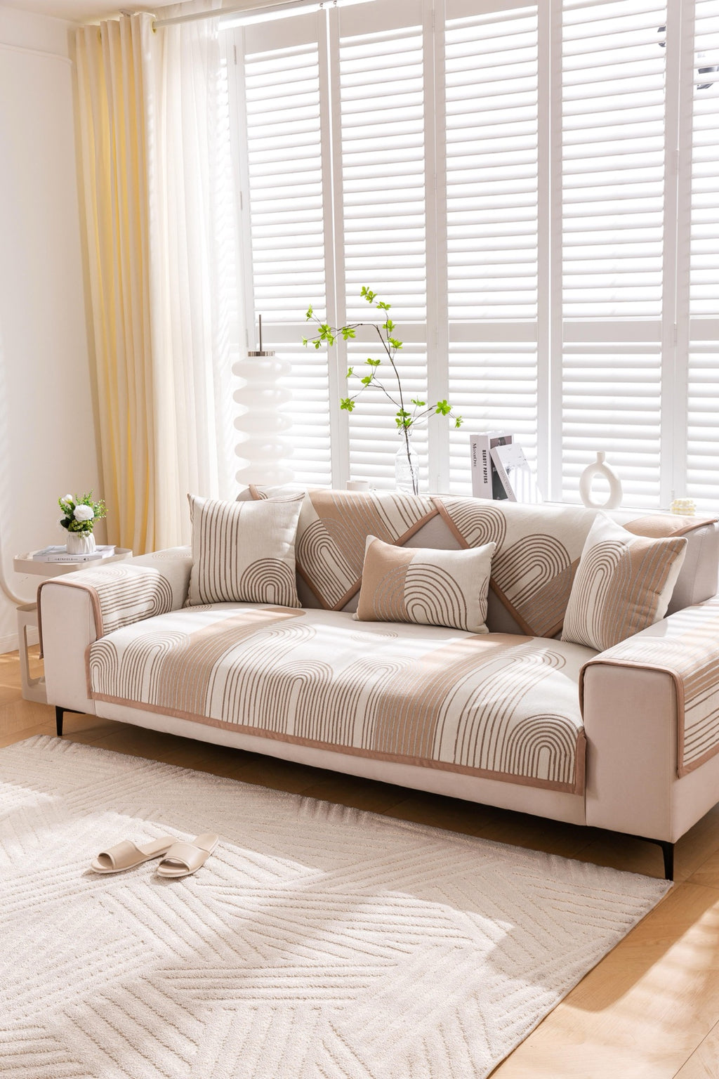 Sofa Decor Arcadia Arch Line Sofa Cover in Taupe Cream - styled sofa image for water resistant patterned couch covers in Australia