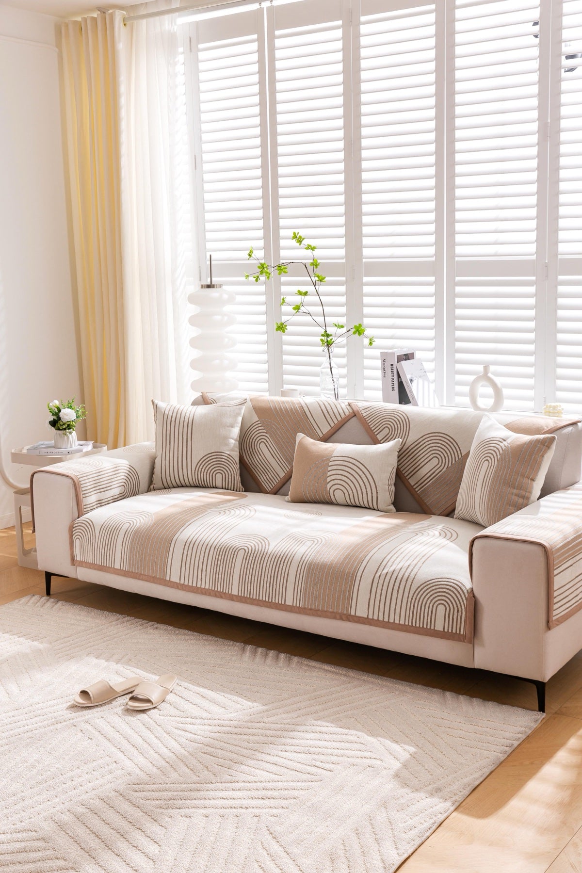 Sofa Decor Arcadia Arch Line Sofa Cover in Taupe Cream - styled sofa image for water resistant patterned couch covers in Australia