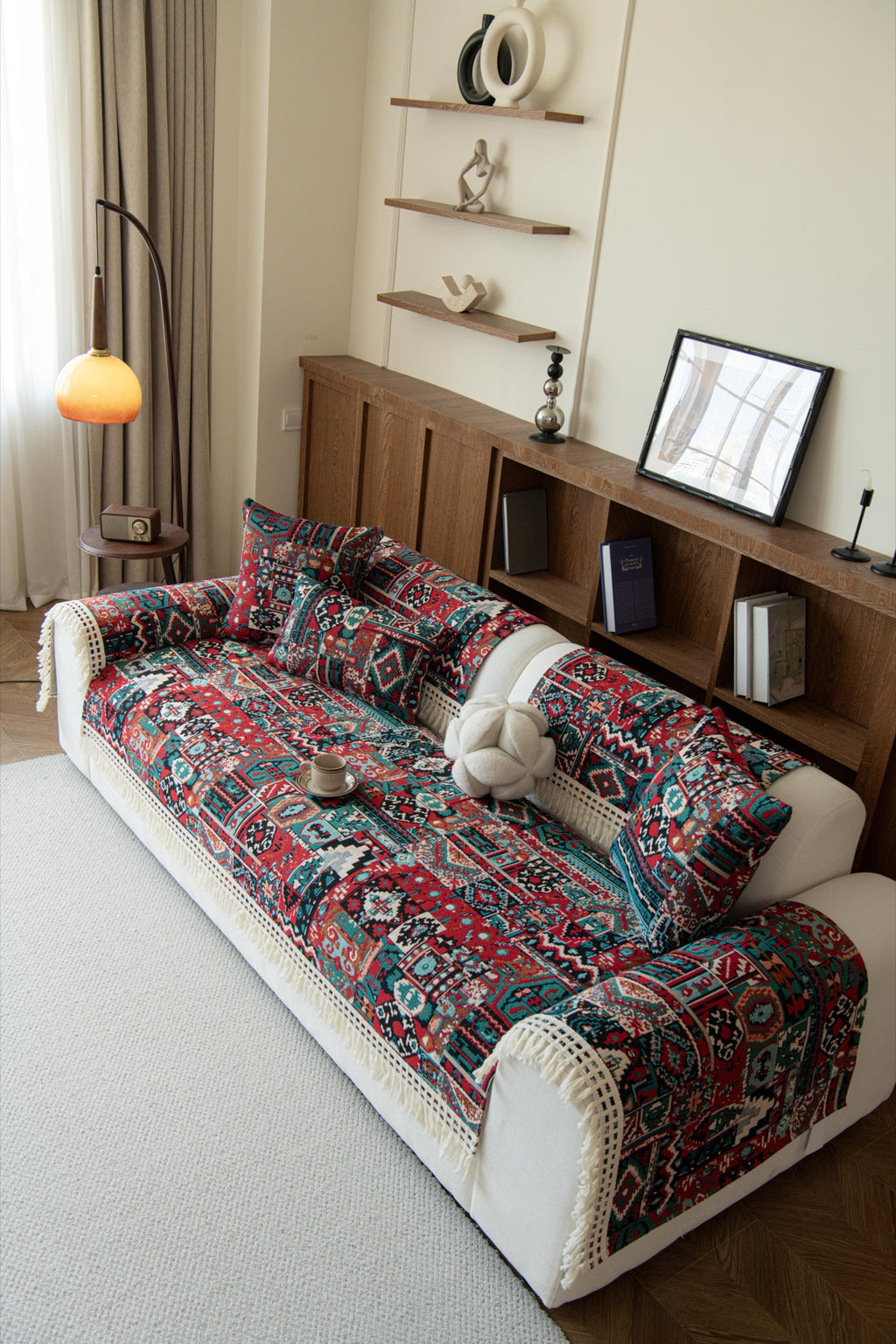Sofa Decor Atlas Kilim Fringe Sofa Cover Piece - styled sofa fit view for kilim fringe sofa cover piece in Australia, image 4