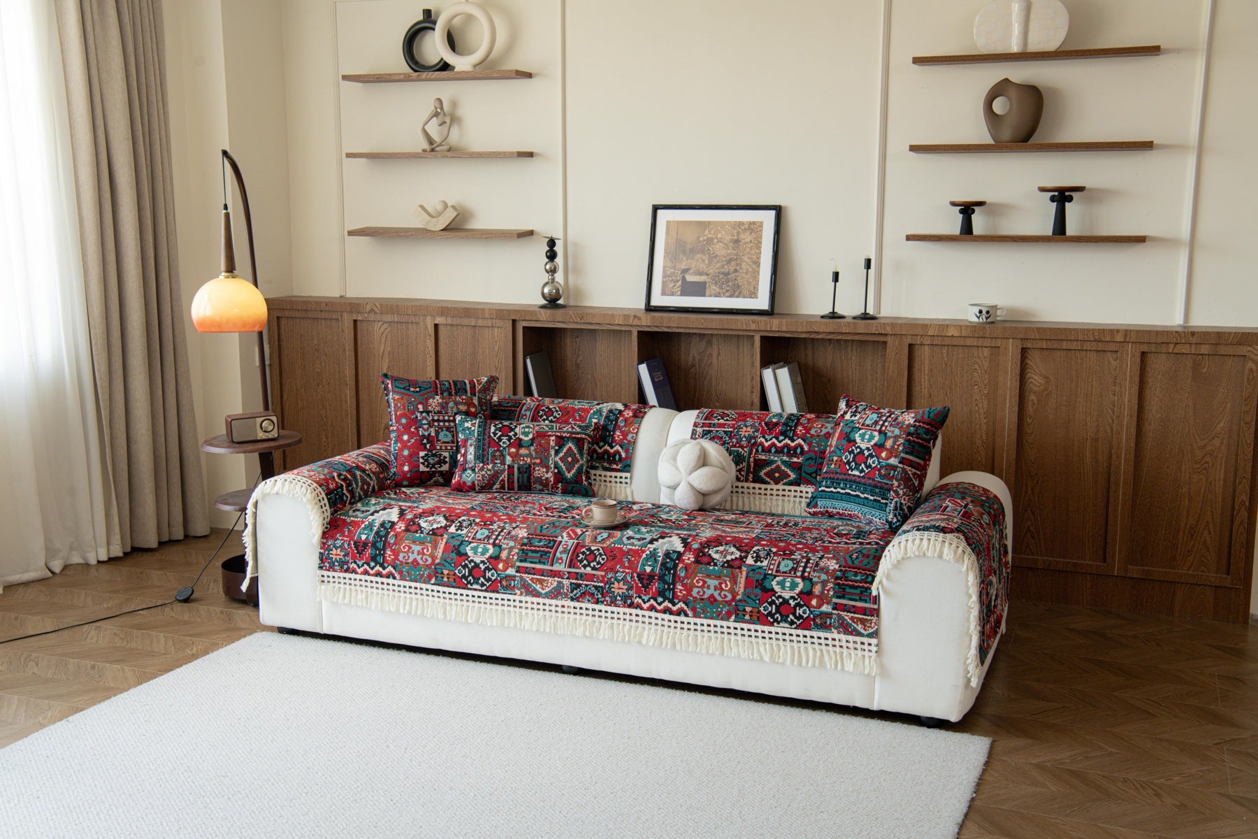 Sofa Decor Atlas Kilim Fringe Sofa Cover Piece - styled sofa fit view for kilim fringe sofa cover piece in Australia, image 6