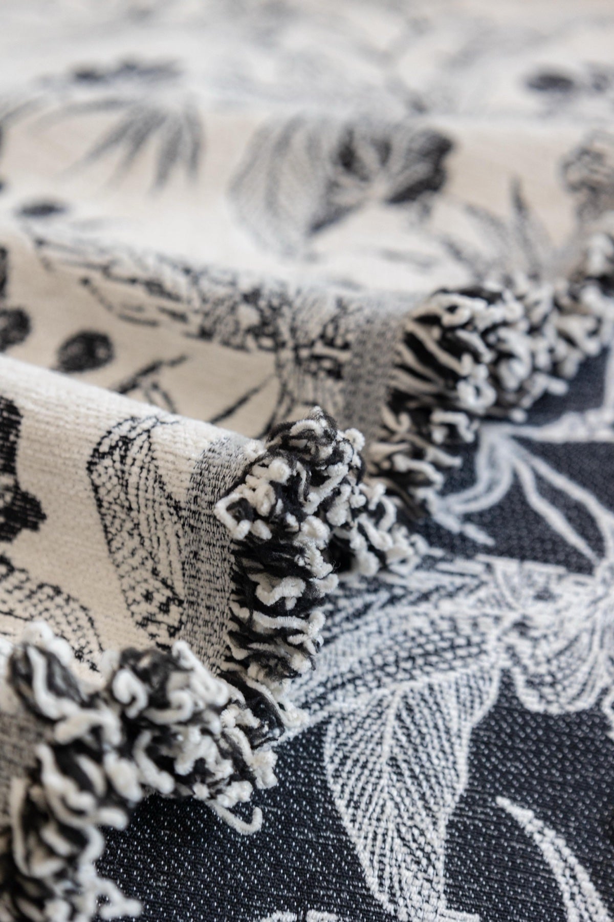 Sofa Decor Aurelia Fringed Floral Jacquard Sofa Throw Cover in Charcoal Bloom - jacquard floral fringe detail for patterned couch cover in Australia, image 24