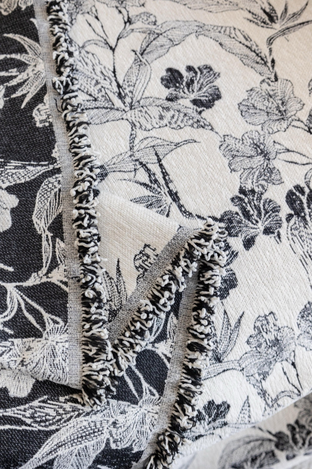 Sofa Decor Aurelia Fringed Floral Jacquard Sofa Throw Cover in Charcoal Bloom - jacquard floral fringe detail for patterned couch cover in Australia, image 23