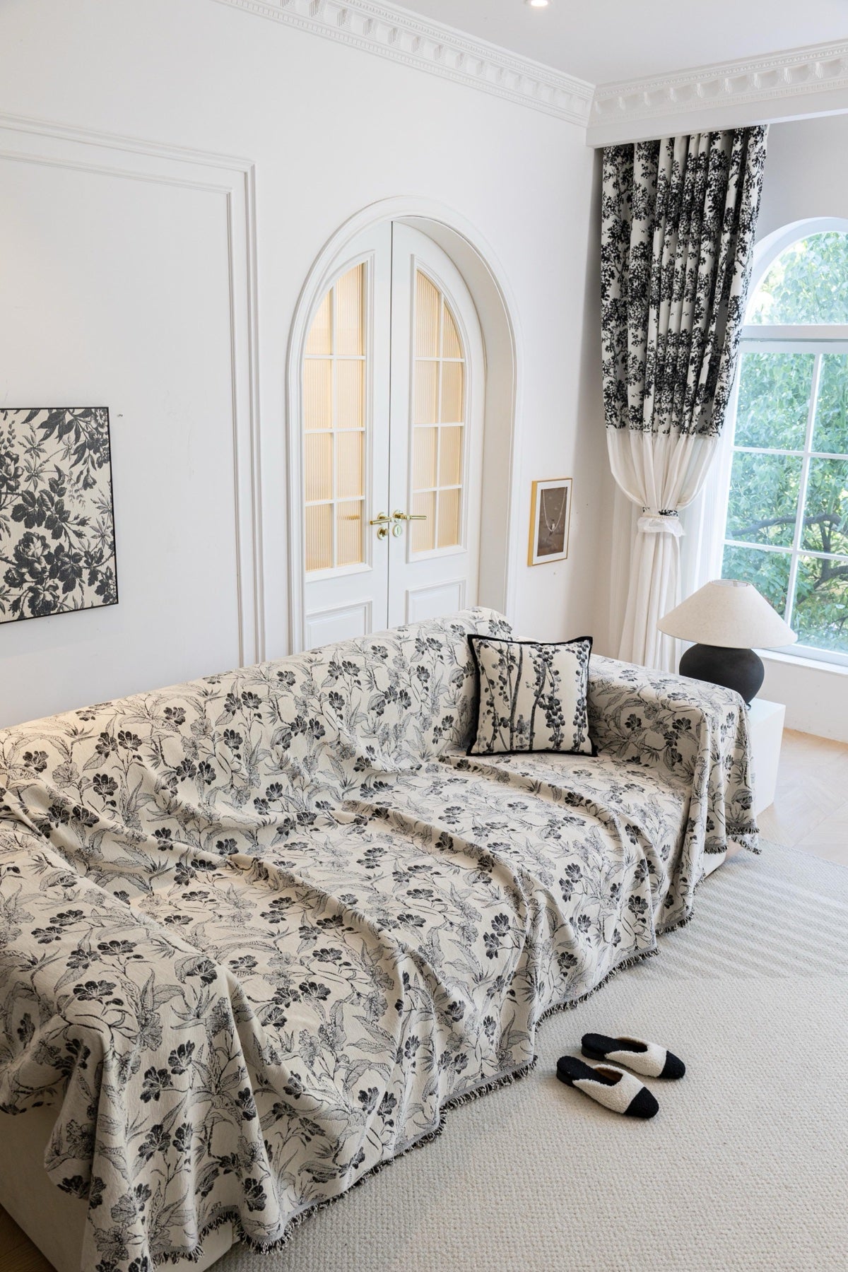 Sofa Decor Aurelia Fringed Floral Jacquard Sofa Throw Cover in Charcoal Bloom - full sofa throw cover styling for patterned couch cover in Australia, image 17