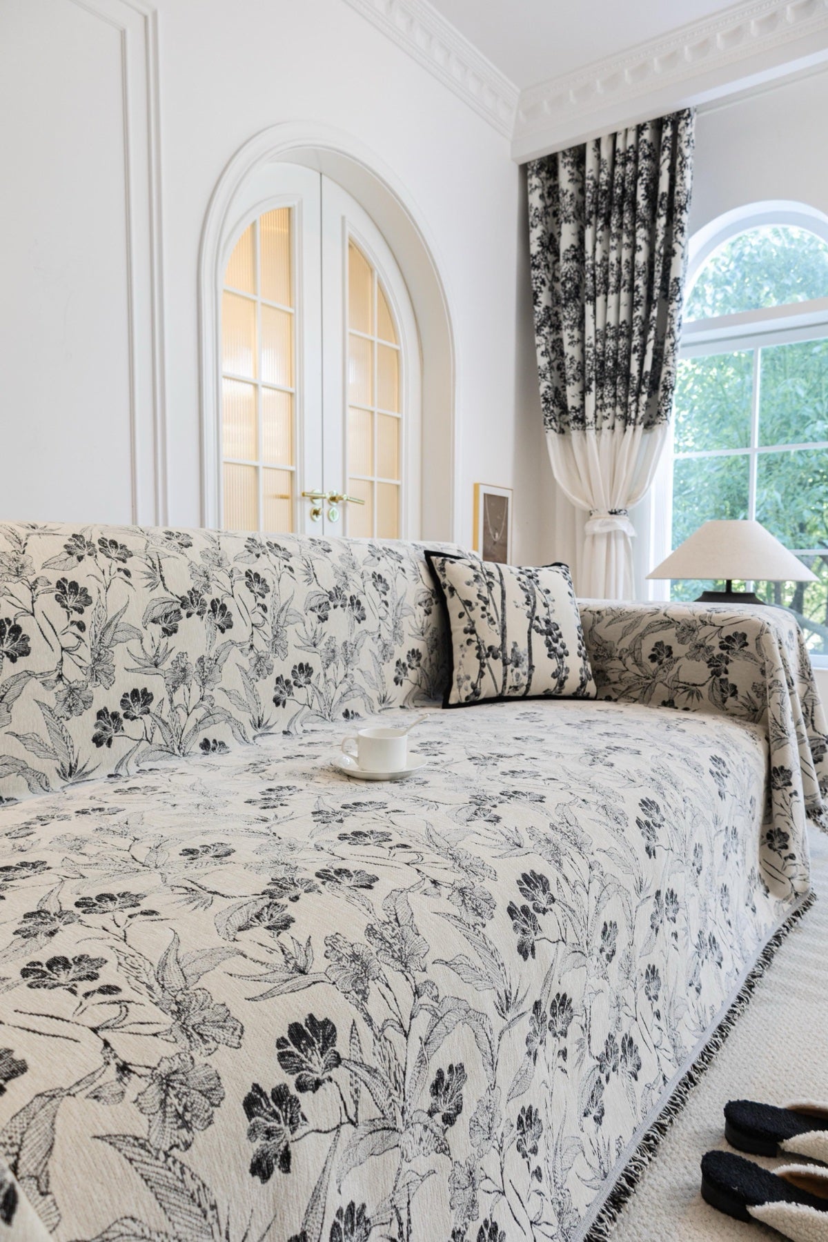 Sofa Decor Aurelia Fringed Floral Jacquard Sofa Throw Cover in Charcoal Bloom - styled floral jacquard sofa throw cover for patterned couch cover in Australia, image 18