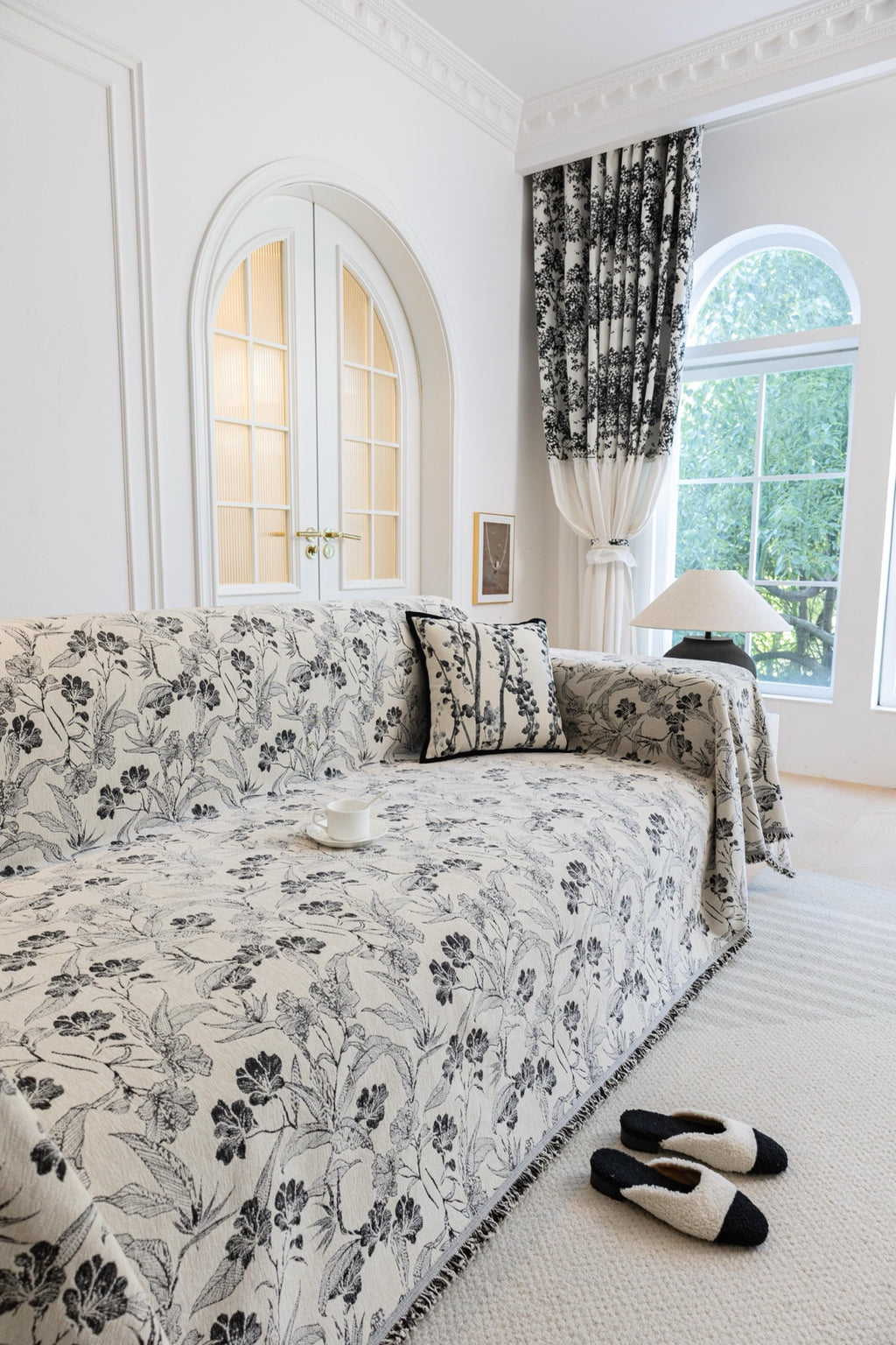 Sofa Decor Aurelia Fringed Floral Jacquard Sofa Throw Cover in Charcoal Bloom - styled floral jacquard sofa throw cover for patterned couch cover in Australia, image 19
