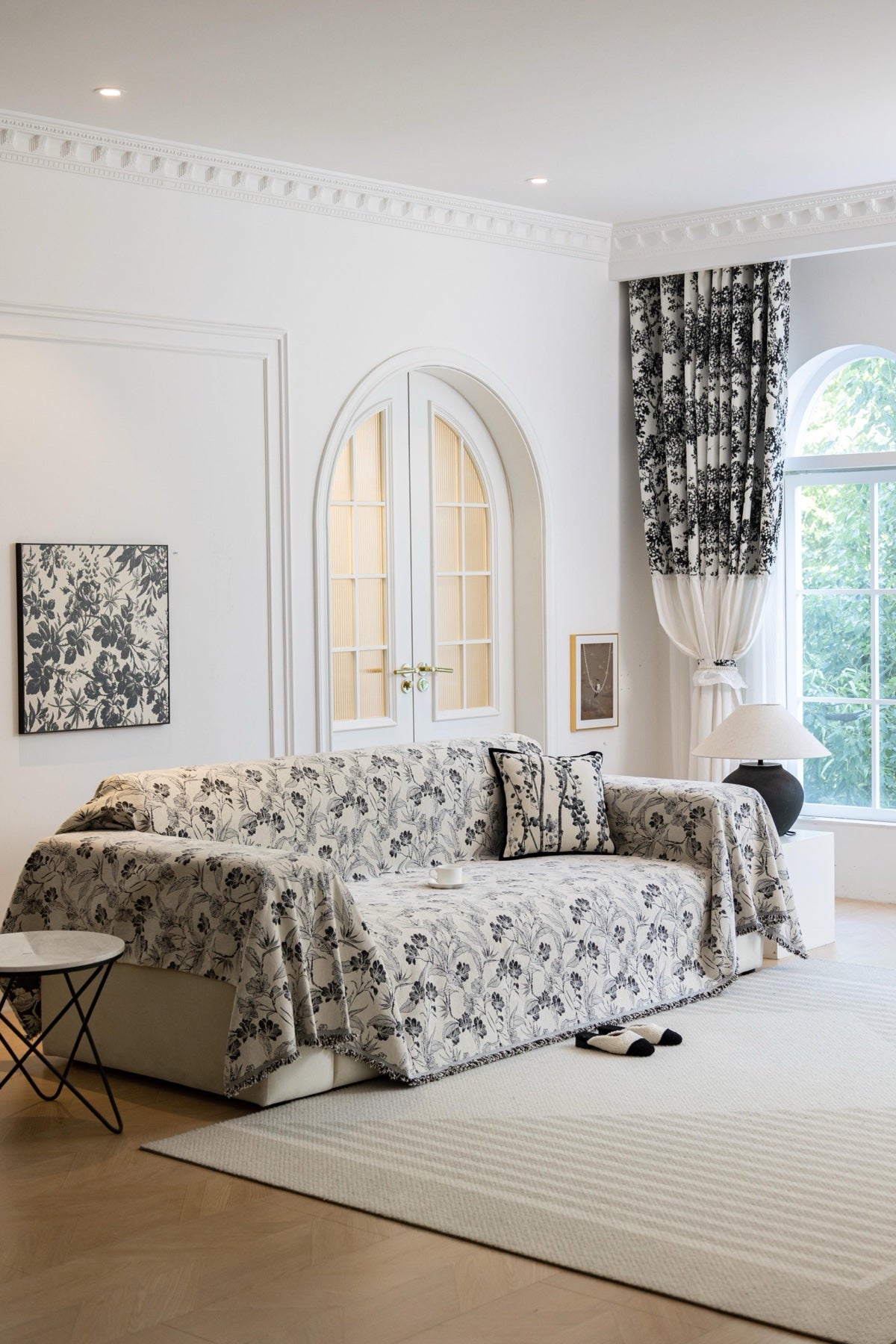 Sofa Decor Aurelia Fringed Floral Jacquard Sofa Throw Cover in Charcoal Bloom - full sofa throw cover styling for patterned couch cover in Australia, image 14