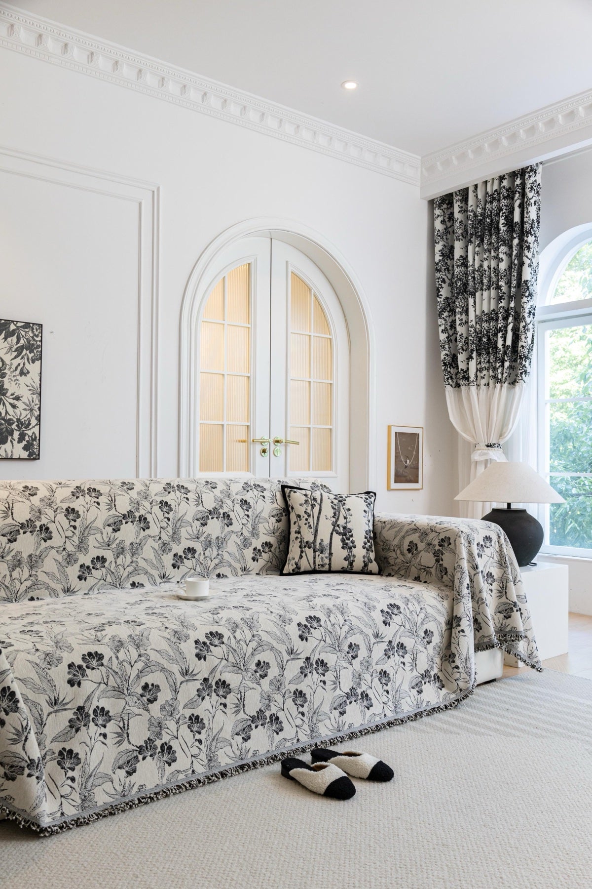 Sofa Decor Aurelia Fringed Floral Jacquard Sofa Throw Cover in Charcoal Bloom - full sofa throw cover styling for patterned couch cover in Australia, image 15