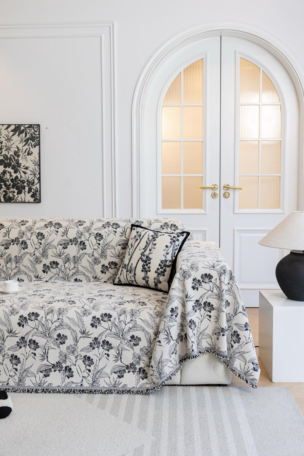 Sofa Decor Aurelia Fringed Floral Jacquard Sofa Throw Cover in Charcoal Bloom - full sofa throw cover styling for patterned couch cover in Australia, image 16