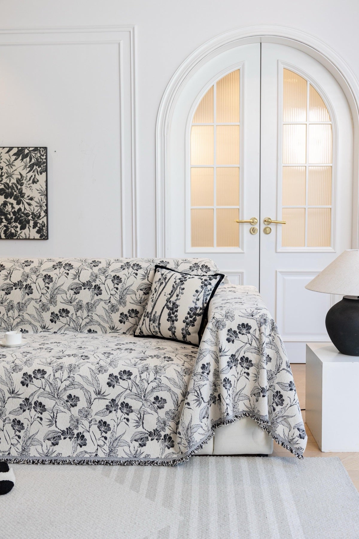 Sofa Decor Aurelia Fringed Floral Jacquard Sofa Throw Cover in Charcoal Bloom - full sofa throw cover styling for patterned couch cover in Australia, image 16