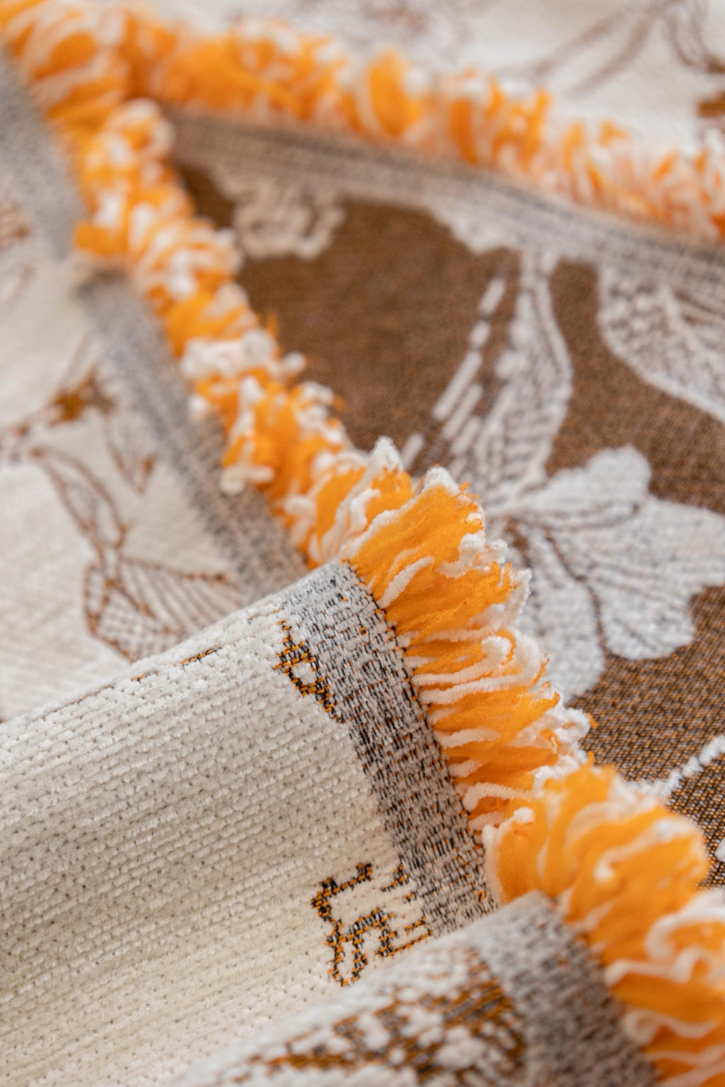 Sofa Decor Aurelia Fringed Floral Jacquard Sofa Throw Cover in Ochre Bloom - jacquard floral fringe detail for patterned couch cover in Australia, image 13