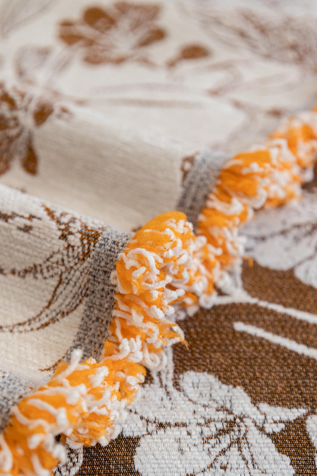 Sofa Decor Aurelia Fringed Floral Jacquard Sofa Throw Cover in Ochre Bloom - jacquard floral fringe detail for patterned couch cover in Australia, image 12