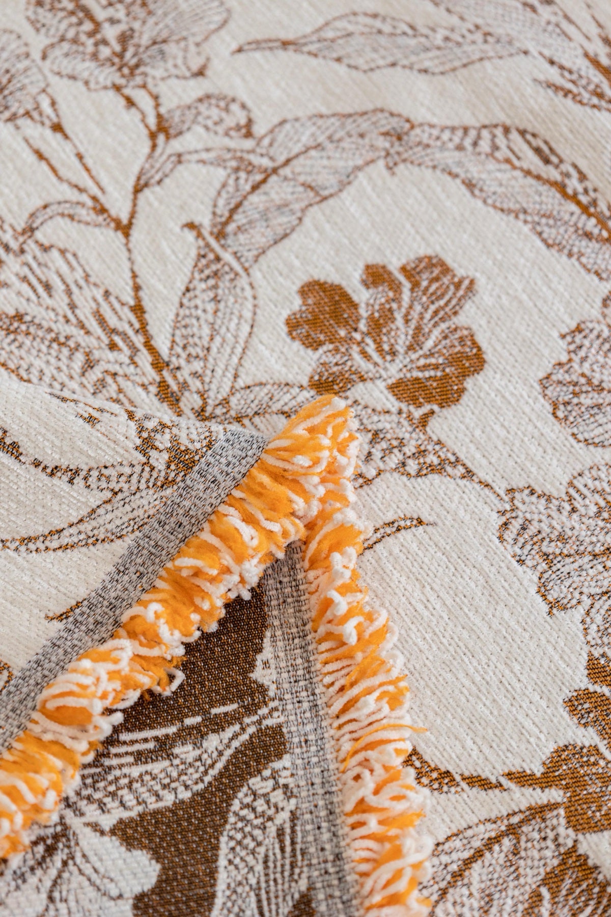 Sofa Decor Aurelia Fringed Floral Jacquard Sofa Throw Cover in Ochre Bloom - jacquard floral fringe detail for patterned couch cover in Australia, image 10