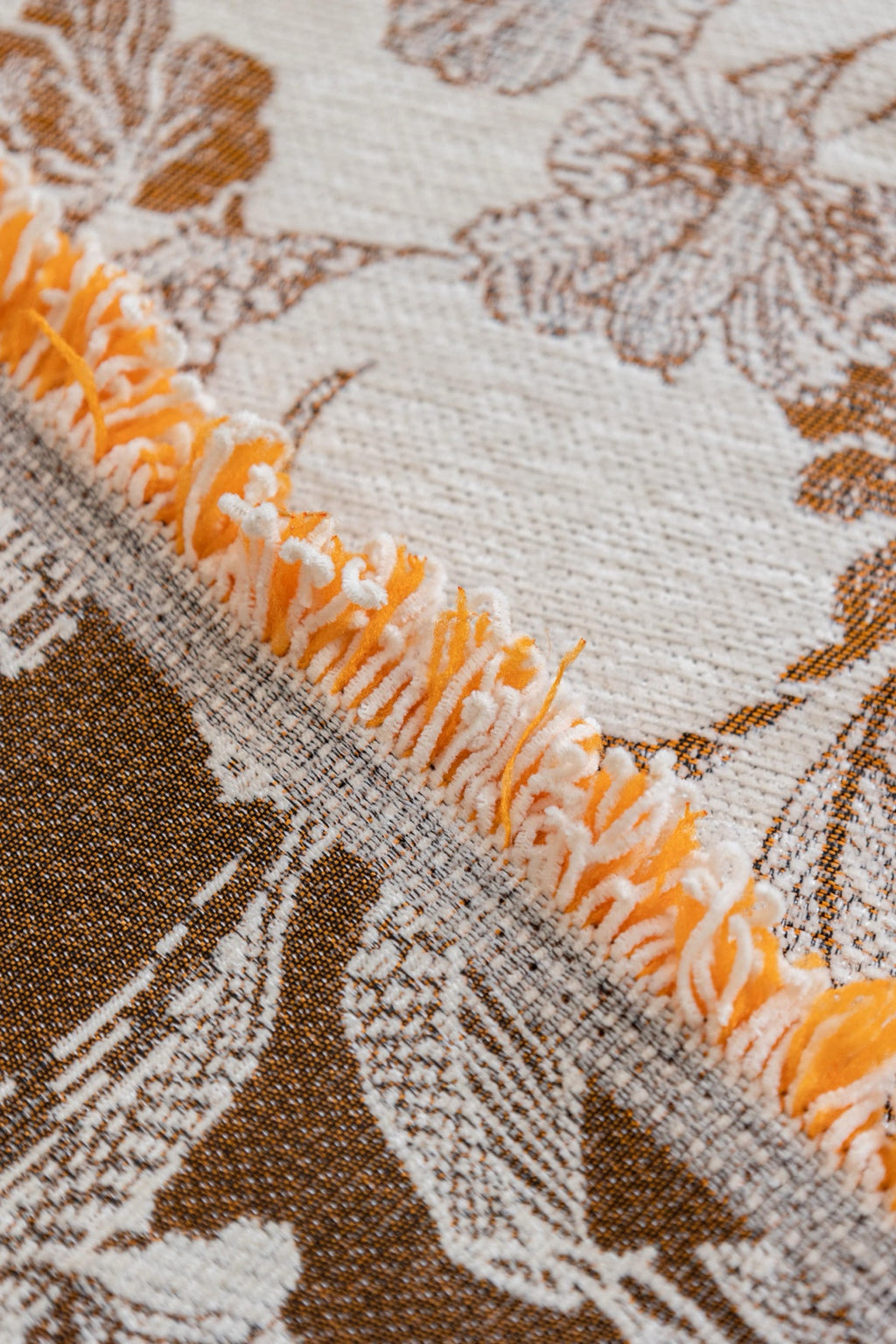 Sofa Decor Aurelia Fringed Floral Jacquard Sofa Throw Cover in Ochre Bloom - jacquard floral fringe detail for patterned couch cover in Australia, image 11