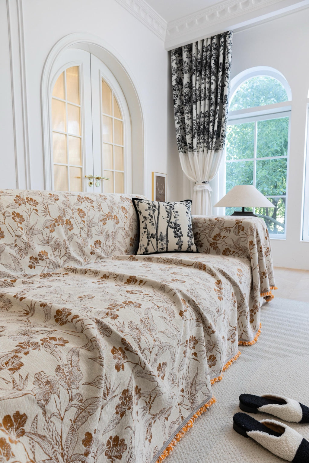 Sofa Decor Aurelia Fringed Floral Jacquard Sofa Throw Cover in Ochre Bloom - styled floral jacquard sofa throw cover for patterned couch cover in Australia, image 4