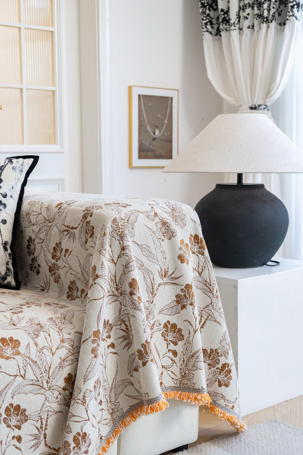 Sofa Decor Aurelia Fringed Floral Jacquard Sofa Throw Cover in Ochre Bloom - styled floral jacquard sofa throw cover for patterned couch cover in Australia, image 7