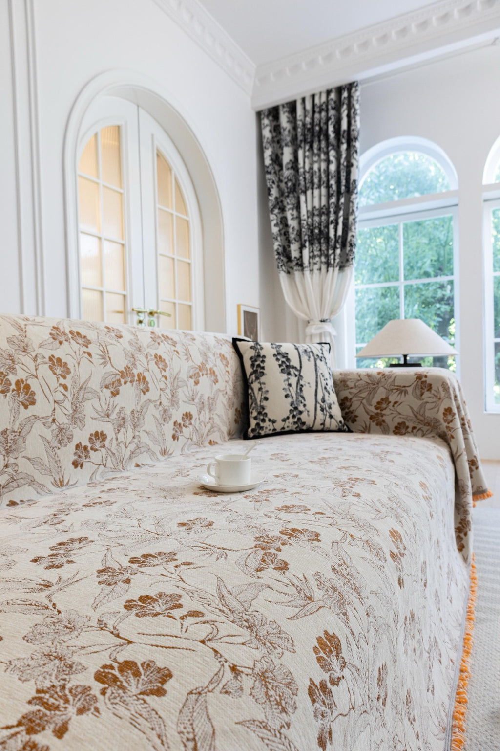 Sofa Decor Aurelia Fringed Floral Jacquard Sofa Throw Cover in Ochre Bloom - styled floral jacquard sofa throw cover for patterned couch cover in Australia, image 6