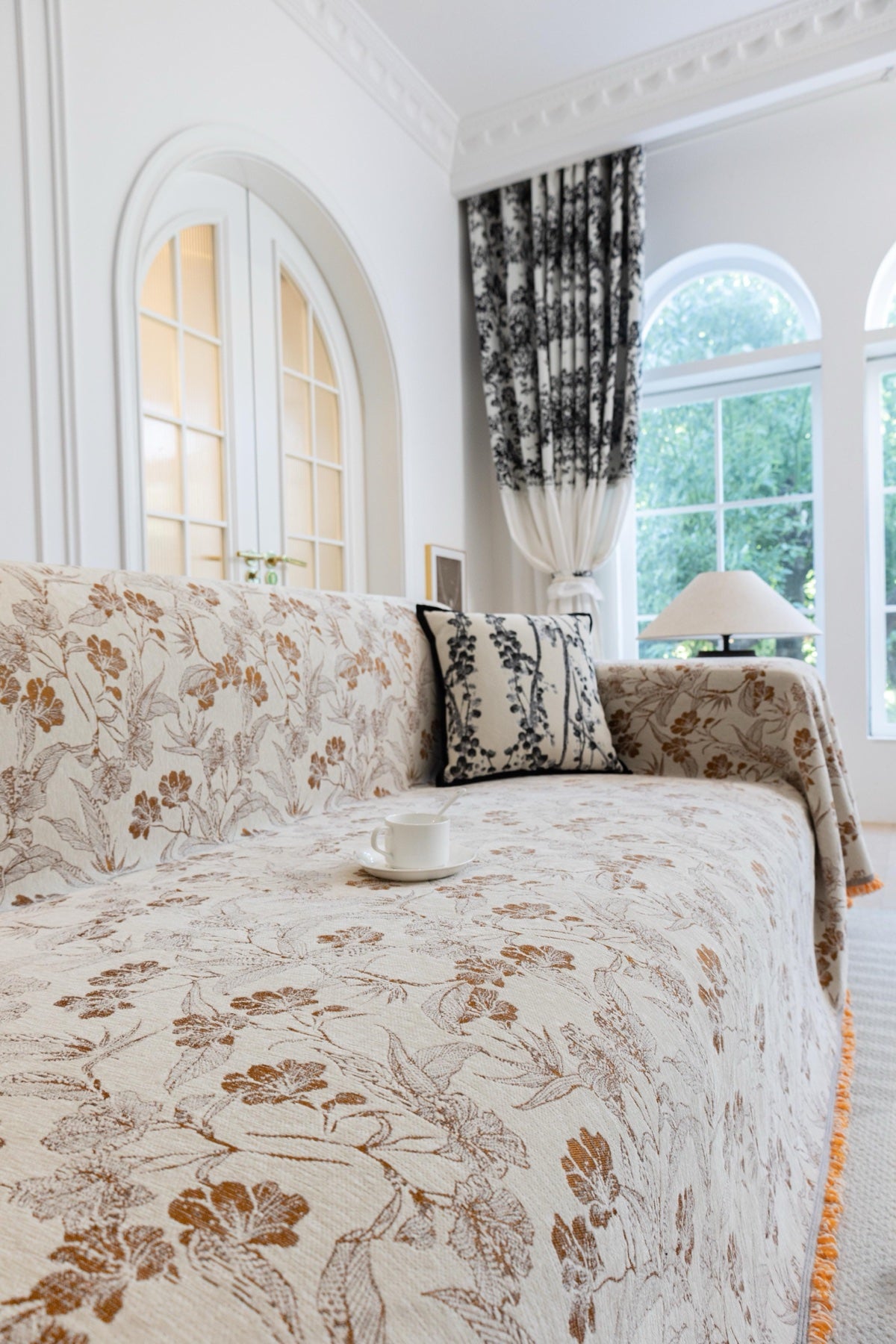 Sofa Decor Aurelia Fringed Floral Jacquard Sofa Throw Cover in Ochre Bloom - styled floral jacquard sofa throw cover for patterned couch cover in Australia, image 6