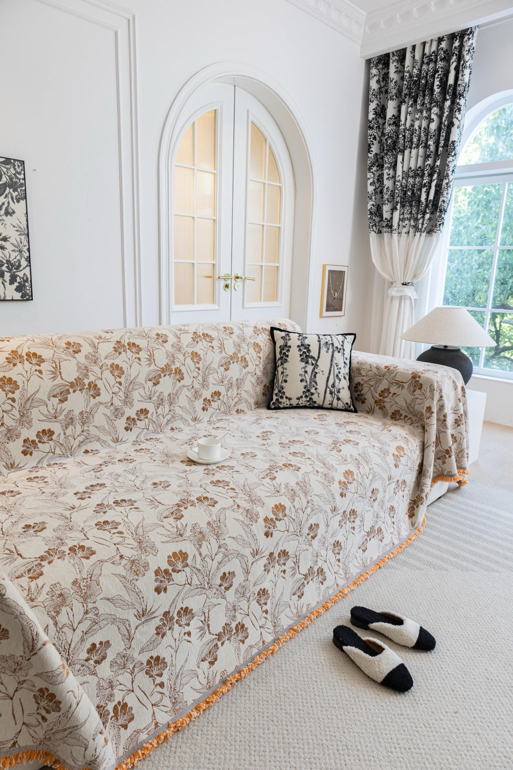 Sofa Decor Aurelia Fringed Floral Jacquard Sofa Throw Cover in Ochre Bloom - full sofa throw cover styling for patterned couch cover in Australia, image 2