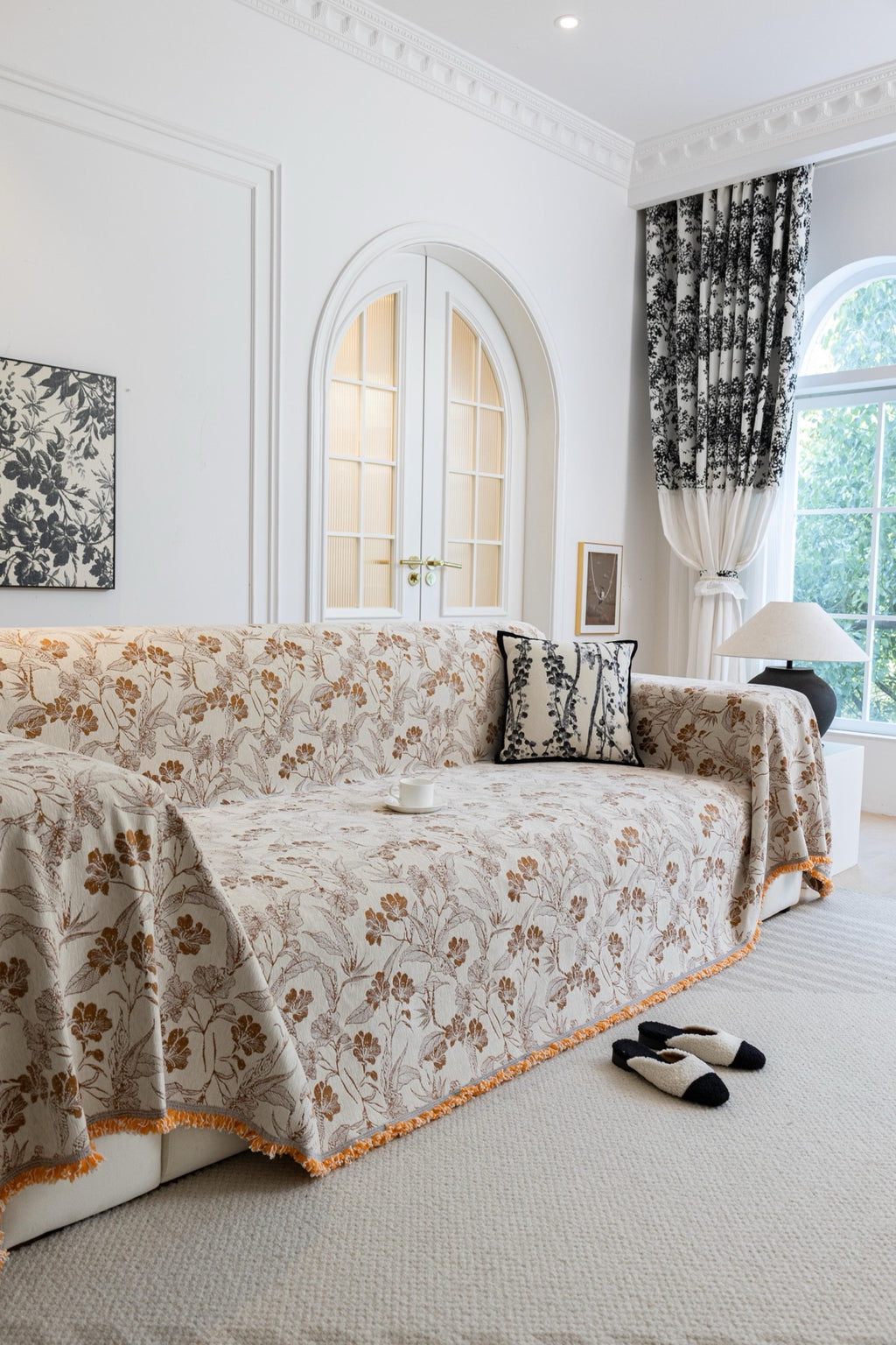 Sofa Decor Aurelia Fringed Floral Jacquard Sofa Throw Cover in Ochre Bloom - full sofa throw cover styling for patterned couch cover in Australia, image 5
