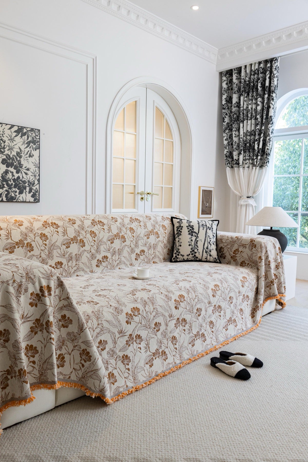 Sofa Decor Aurelia Fringed Floral Jacquard Sofa Throw Cover in Ochre Bloom - full sofa throw cover styling for patterned couch cover in Australia, image 5