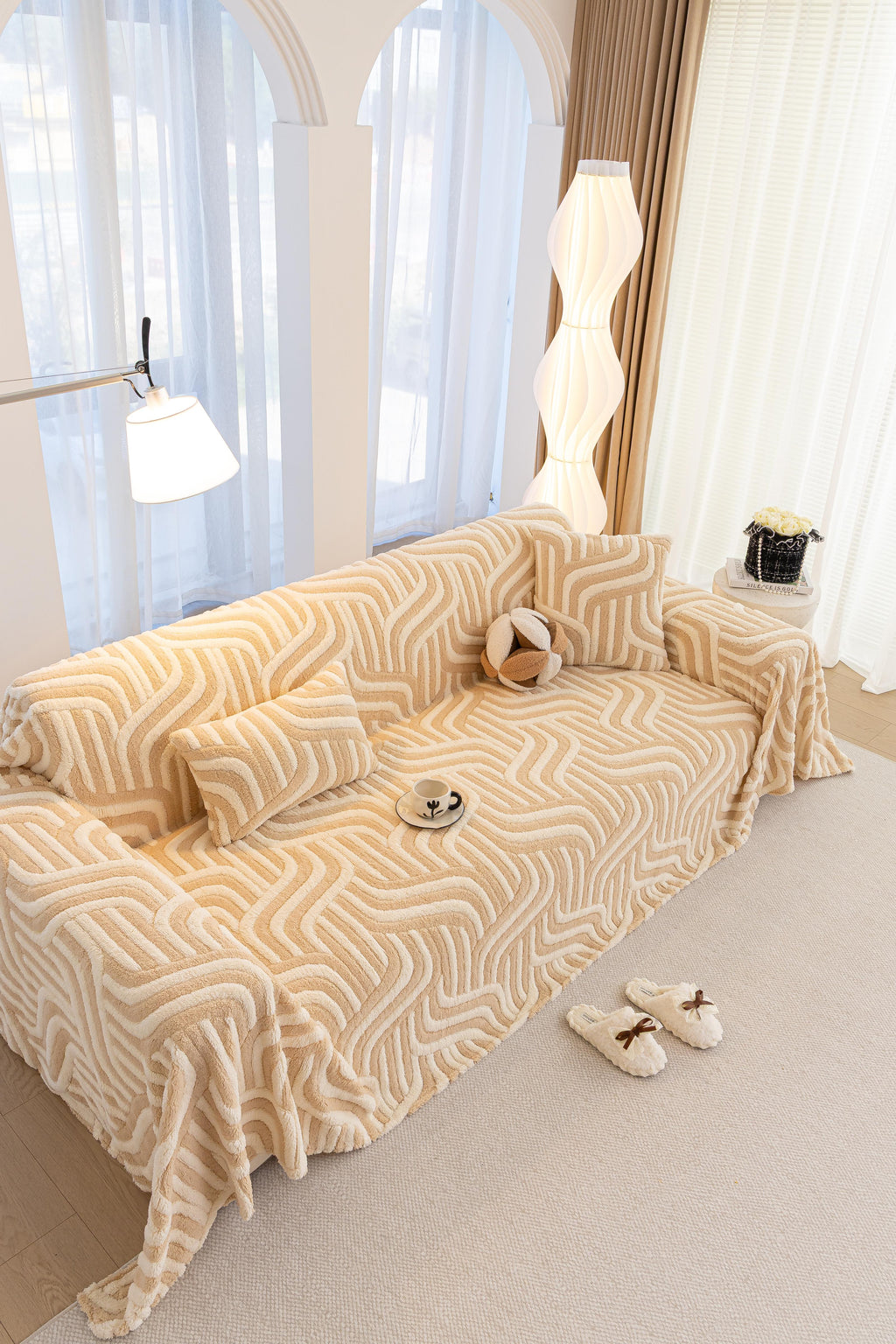 Sofa Decor Riviera Wave Stripe Sofa Cover in Beige Cream - styled sofa image for plush patterned couch covers in Australia